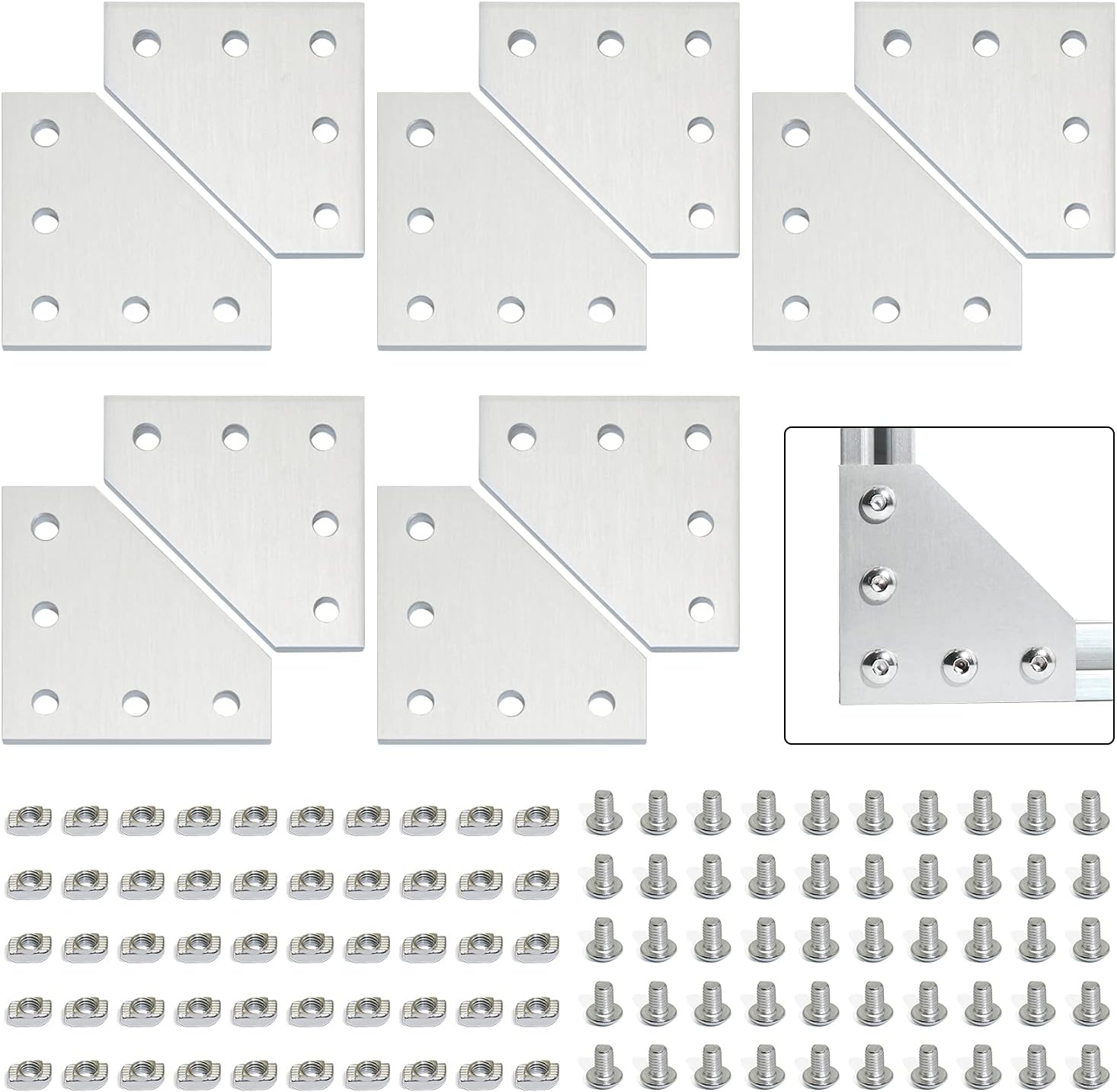 10pcs Aluminum Alloy T Slot L Shape Joining Plate and 50pcs M5x8 Hex Screw and 50pcs T Nut for 2020 Series Aluminum Profile