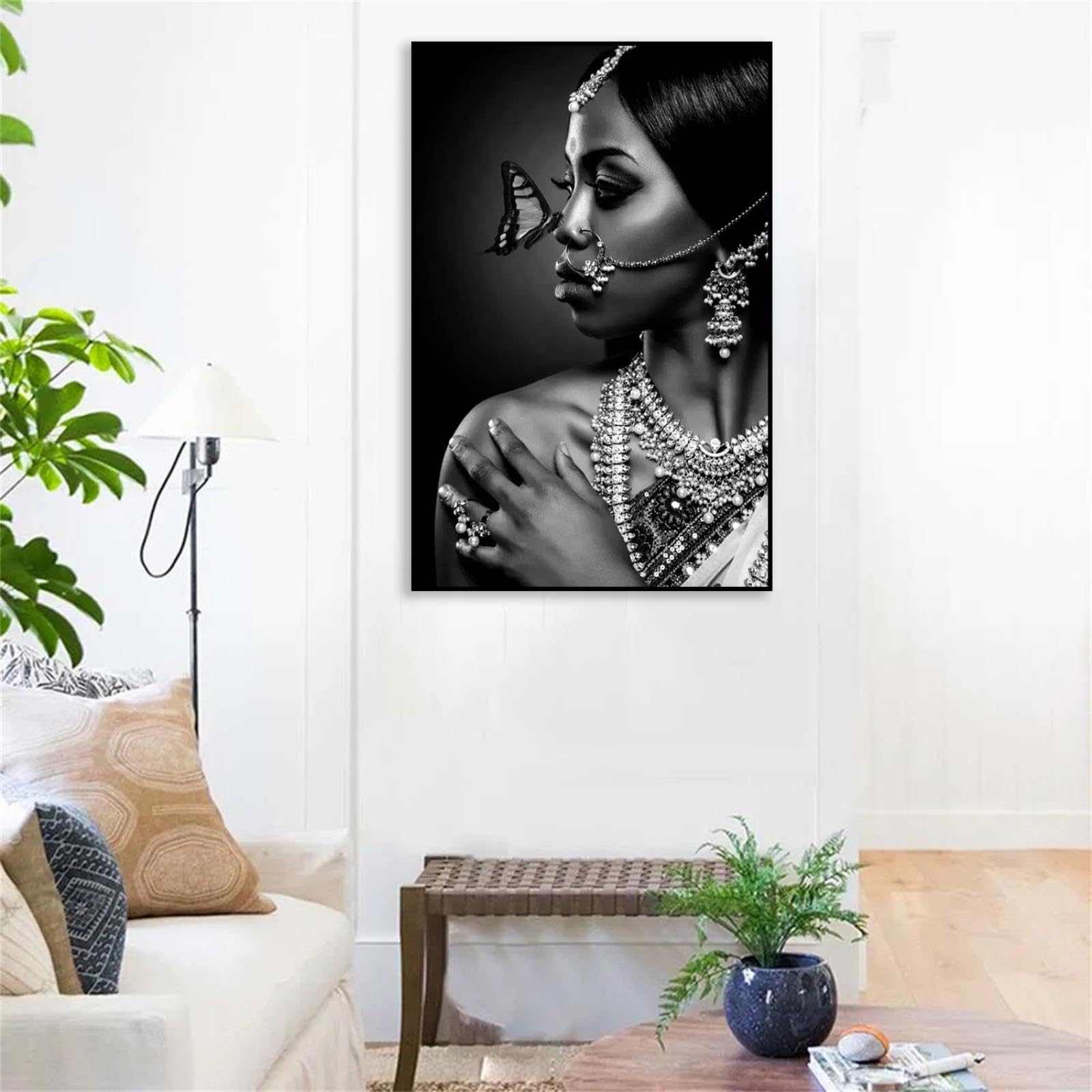 MOBYAT Joyería en blanco y negro,mujeres indias con mariposas,carteles e impresiones,pintura artística en lienzo,cuadro artístico de pared para sala de estar,90x60cm(36x24 pulgadas),marco negro