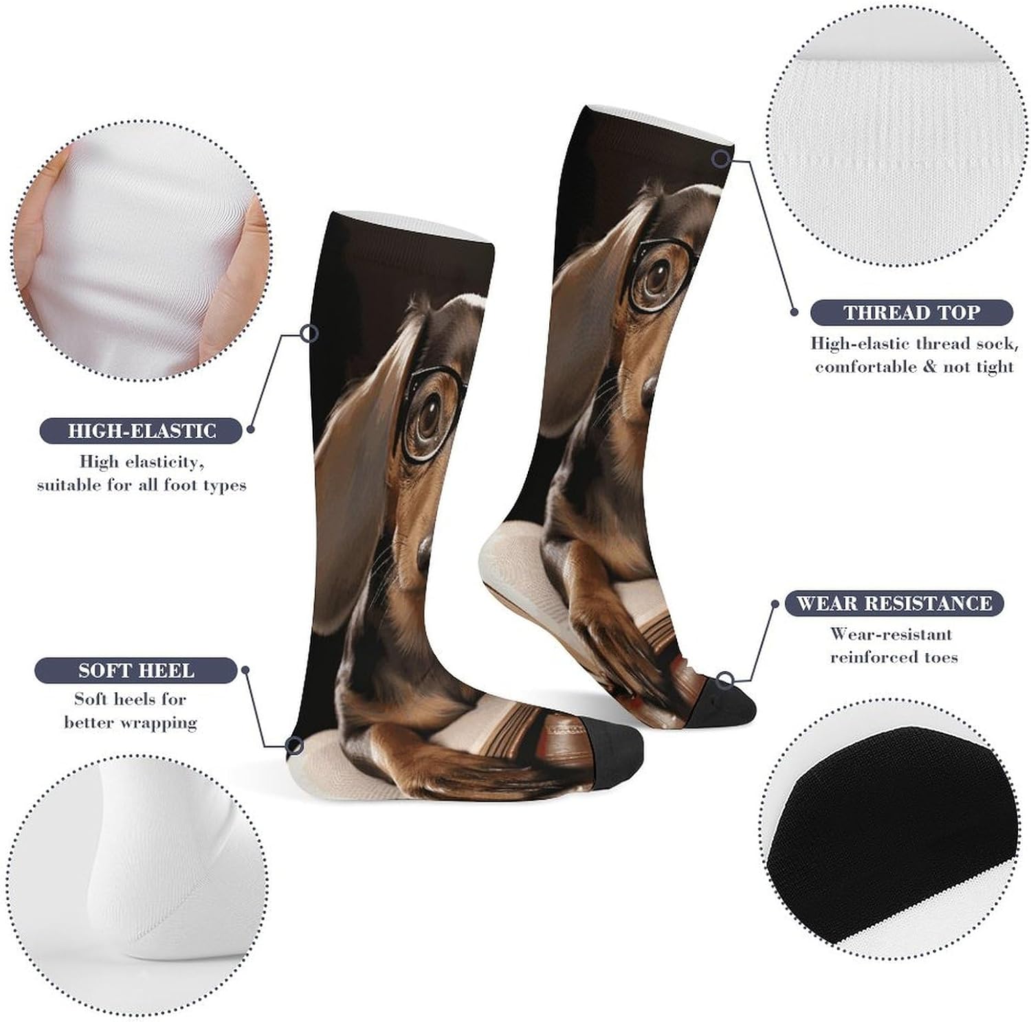Dachshund Book Compression Sock Breathable Support Socks Lightweight Knee High Tube Socks for Women Men