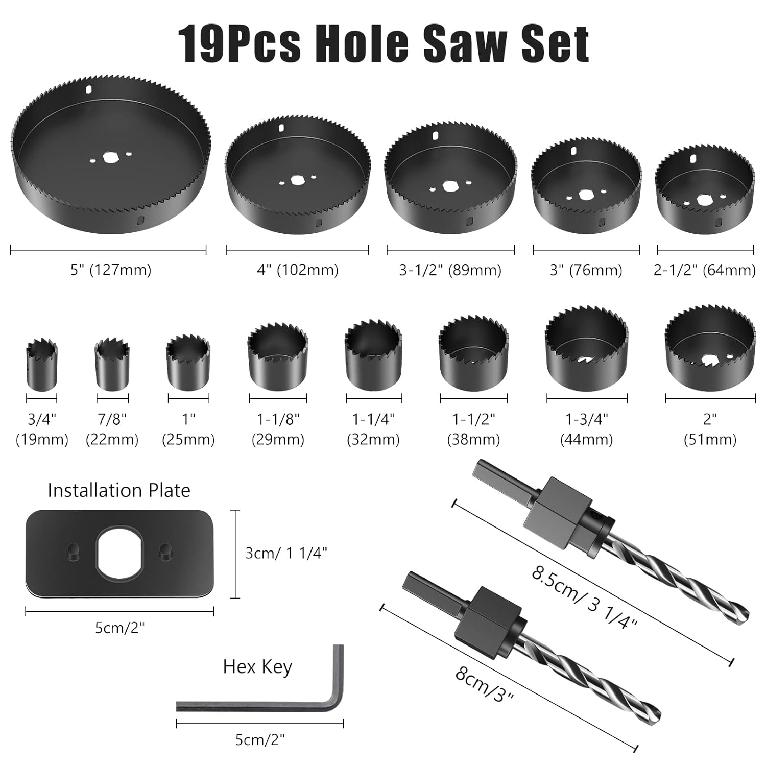 HYCHIKA Hole Saw Set with Case, 19 Pieces Hole Saw Bit with 3/4-5inch Saw Blades, 2 Mandrels,2 Drill Bits,1 Installation Plate,1 Hex Key, Hole Saw Kit for Soft Wood, Plywood, Drywall, PVC: Tools & Home Improvement