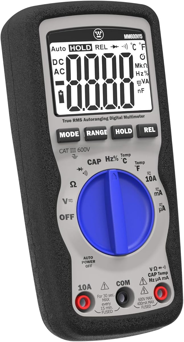 Westinghouse Multímetro digital de rango automático True RMS de 600 V, voltímetro CA/CC y corriente de 10 A, continuidad, frecuencia, temperatura, diodo, ohmios, resistencia, probador de condensadores, pantalla grande