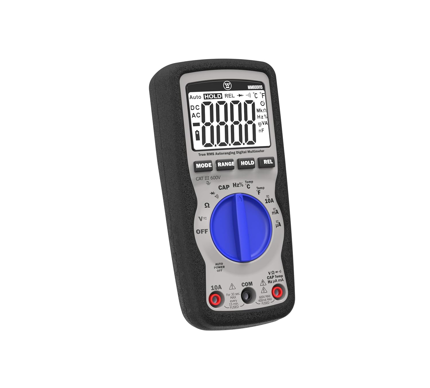 Westinghouse 600V True RMS Auto-Ranging Multimeter with Large Screen and Relative Mode; Measures Voltage Current Resistance Capacitance Frequency Temperature; Incl. Case and 2-Year Warranty. 600V L Screen