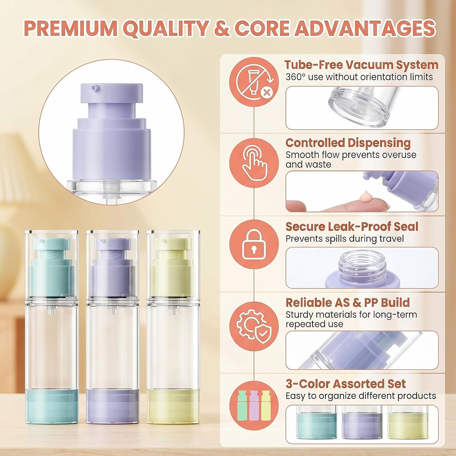 3 Pack 1oz 30ML Travel Airless Pump Bottles, Leakproof Vacuum Dispensers, 3 Colors Empty Cosmetic Containers with Stickers for Lotion, Creams and Foundation