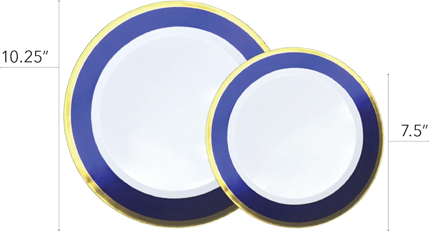Stock Your Home 50 Piece Disposable Plates - Heavy Duty Plastic Dinnerware for Wedding Birthday Party Holiday Baby Shower - Includes 25 Dinner Plates and 25 Dessert Plates (Blue and Gold)