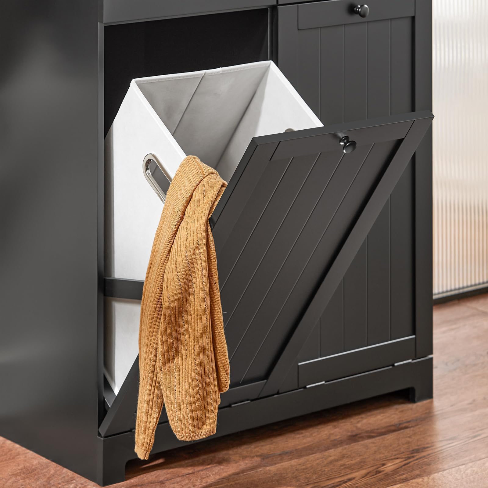 SoBuy Mobile bagno con portabiancheria - Mobiletto bagno salvaspazio con 2 cassetti e 2 sacchi estraibili - Mobile lavanderia per ingresso o cucina in MDF, Nero, 78x38x90cm, BZR33-II-SCH