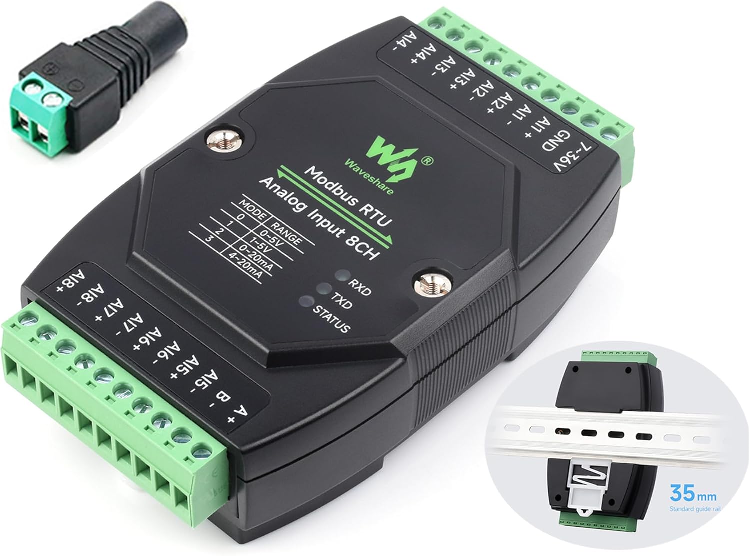 Industrial 8-Ch Analog Acquisition Module, 12-bit High-Precision, DC 7~36V Wide Voltage Power Supply, Modbus RTU Protocol,8-CH Current Mode, 0~20mA (Modbus RTU Analog Input 8CH)