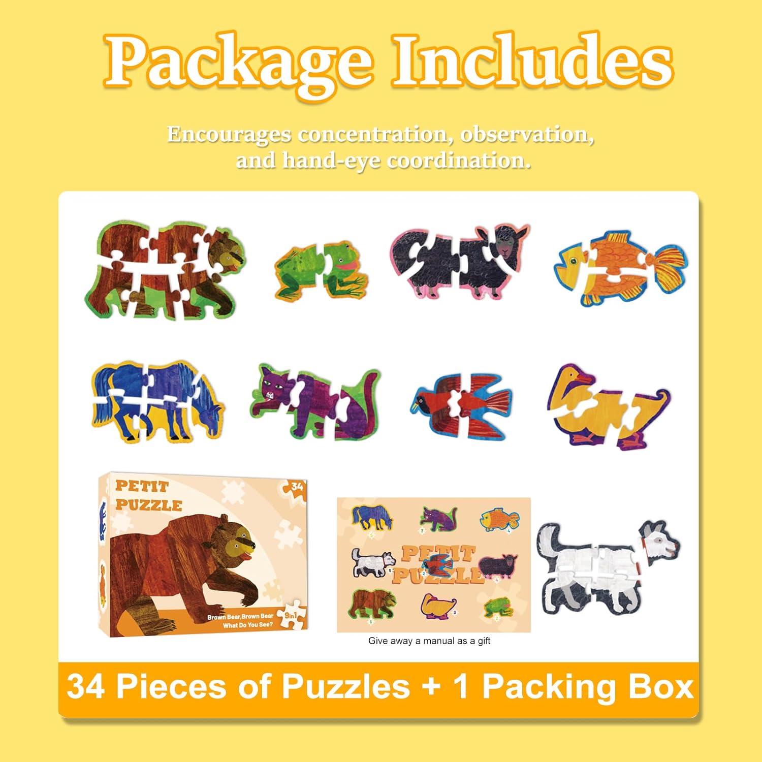 34 Piece Brown Bear Brown Bear What Do You See Wooden Puzzles Preschool Learning Activities Jigsaw Puzzle Storytelling Learning Toys for 3 Year Old