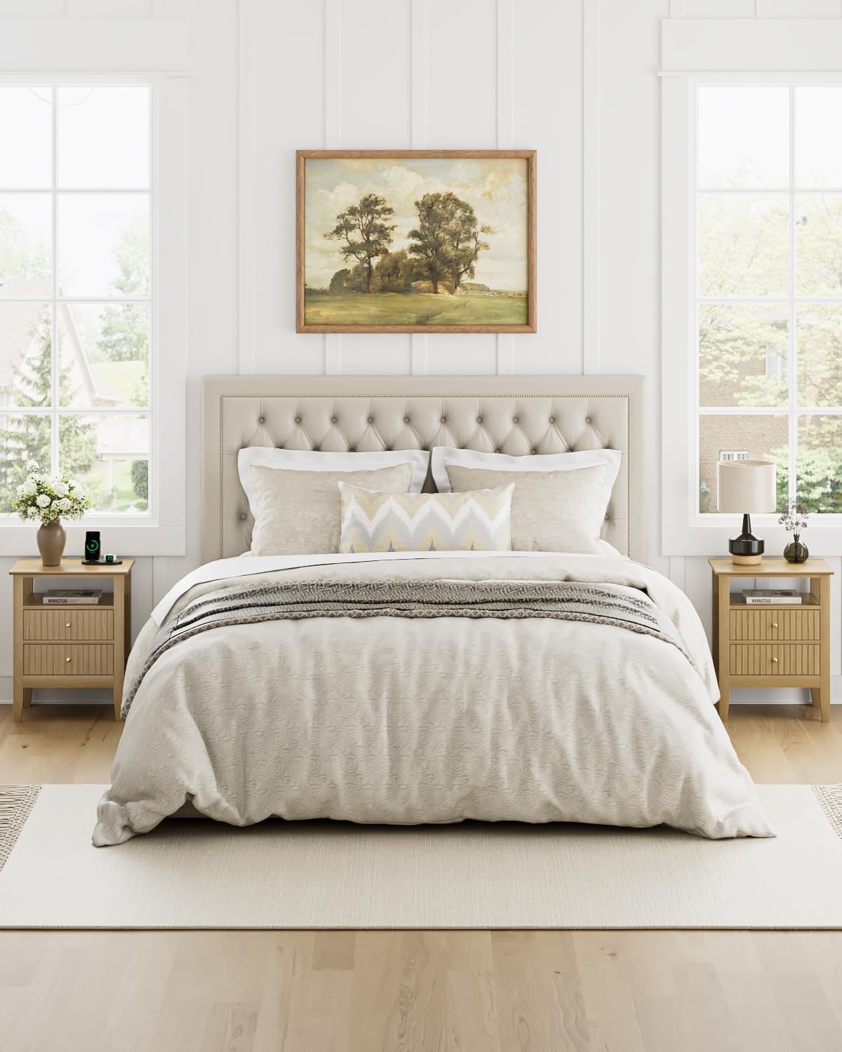 HEYZOEY Mesita de noche retro con 2 cajones, mesita de noche de madera maciza, estilo bohemio, para dormitorio, salón, roble miel