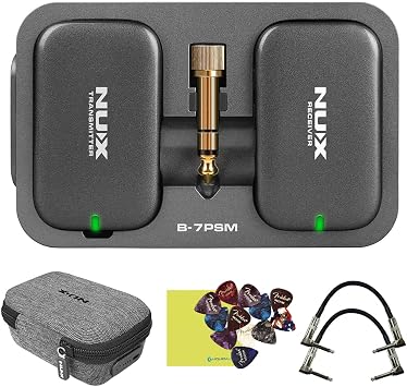 Liquid Audio NUX B-7PSM 5.8 GHz Wireless in-Ear Monitor System Bundle | 2X Strukture S6P48 Woven Right Angle Patch Cables, 12x Fender Guitar Picks, Instrument Polishing Cloth