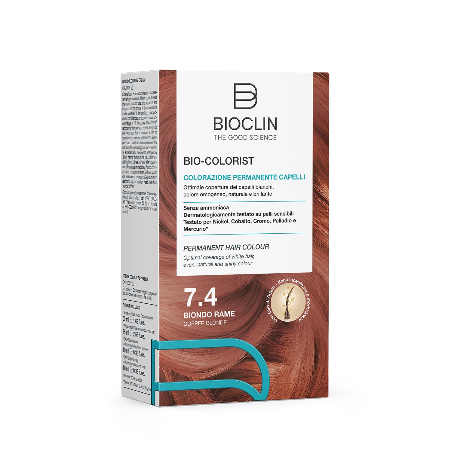 BIOCLIN Bio-Colorist Colorazione Permanente Capelli Biondo Rame 7.4 – Senza Ammoniaca – Con Olio di Argan – Copertura Capelli Bianchi – Colore Naturale e Brillante