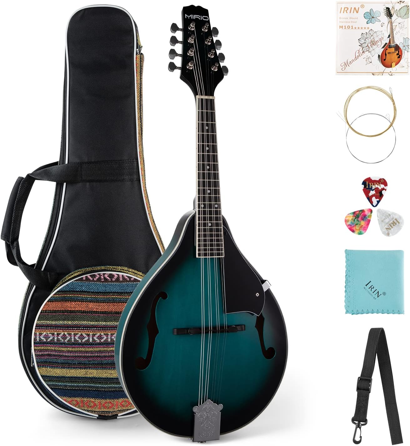 A Style Mandolin Instrument Kit, MIRIO Mandolins Musical Instrument Mahogany Wood for Beginner Adults, 8 Strings Acoustic Mandolin with Tuner, Strings, Bag, Picks, Blue for Christmas Gifts