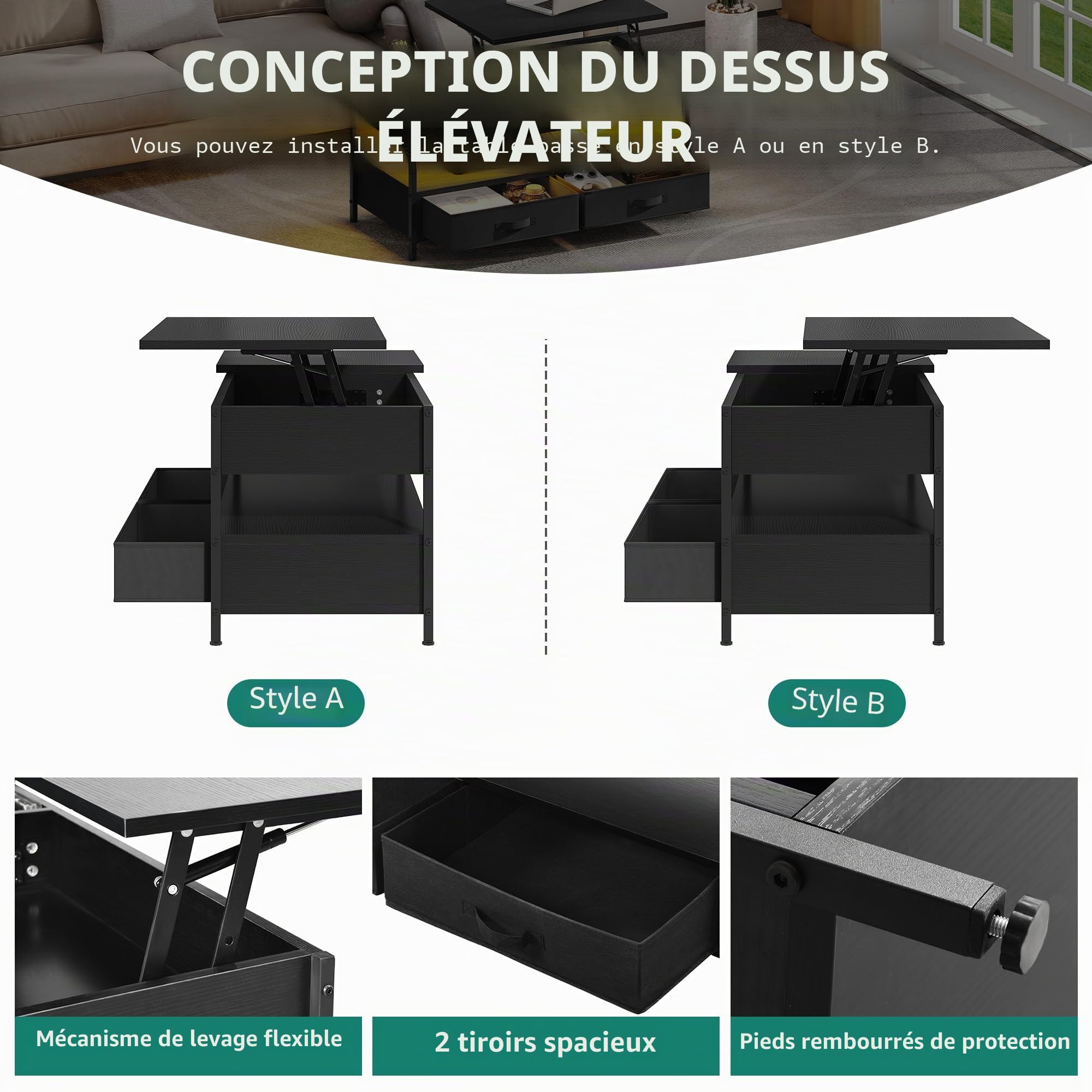 YITAHOME Table Basse Relevable, Table Basse Salon Noir avec Ruban LED RGB et 2 Tiroirs, 106 x50x51,5cm, avec Plateau élévateur et Rangement Caché, Idéal pour Le Salon