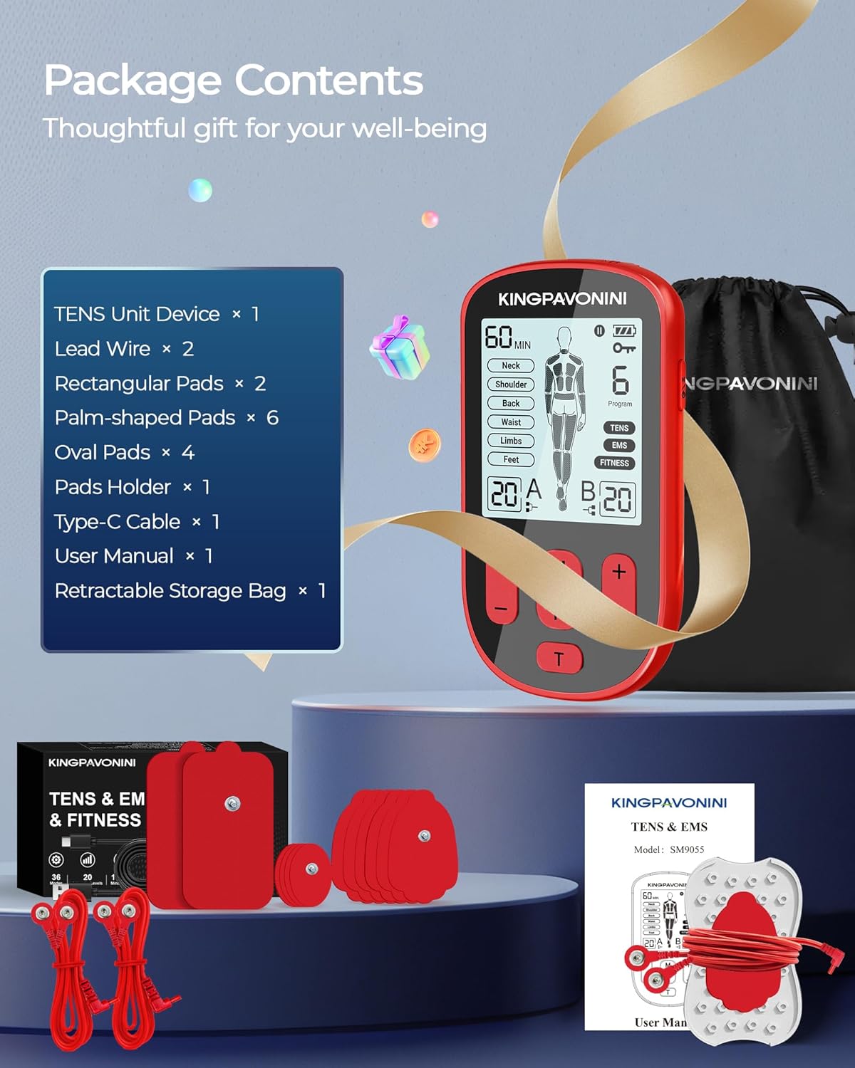 KingPavonini 3-in-1 TENS Unit Muscle Stimulator for Pain Relief Therapy, Dual Channel 36 Modes TENS Machine with 12 Pads, Rechargeable & Portable EMS Muscle Stimulator for Back, Shoulder, Neck - Image 9