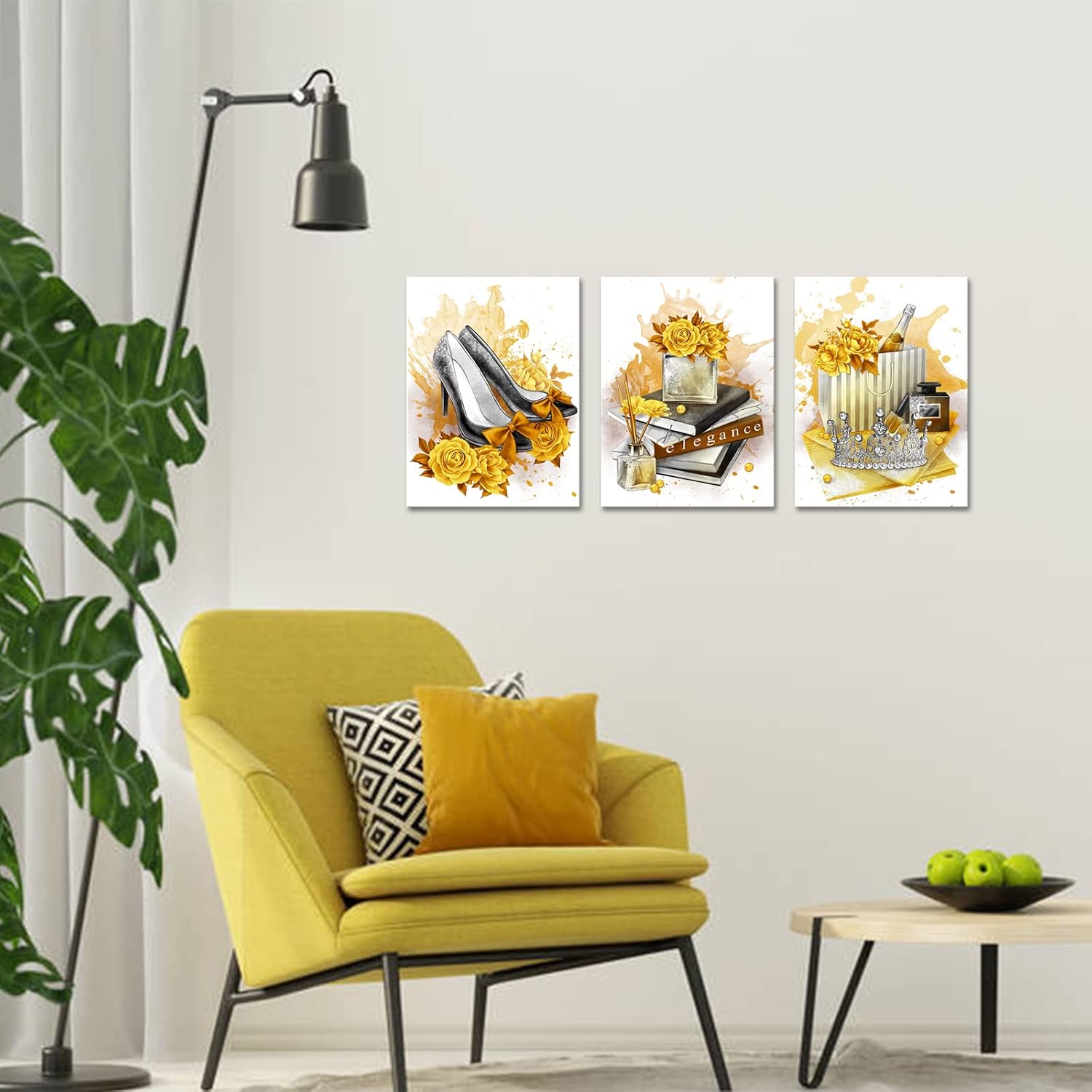 Visual Art Decor Yellow Wall Decor Pictures Girls Bedroom Decor Painting Framed Canvas Prints 12inchx16inchx3Pieces
