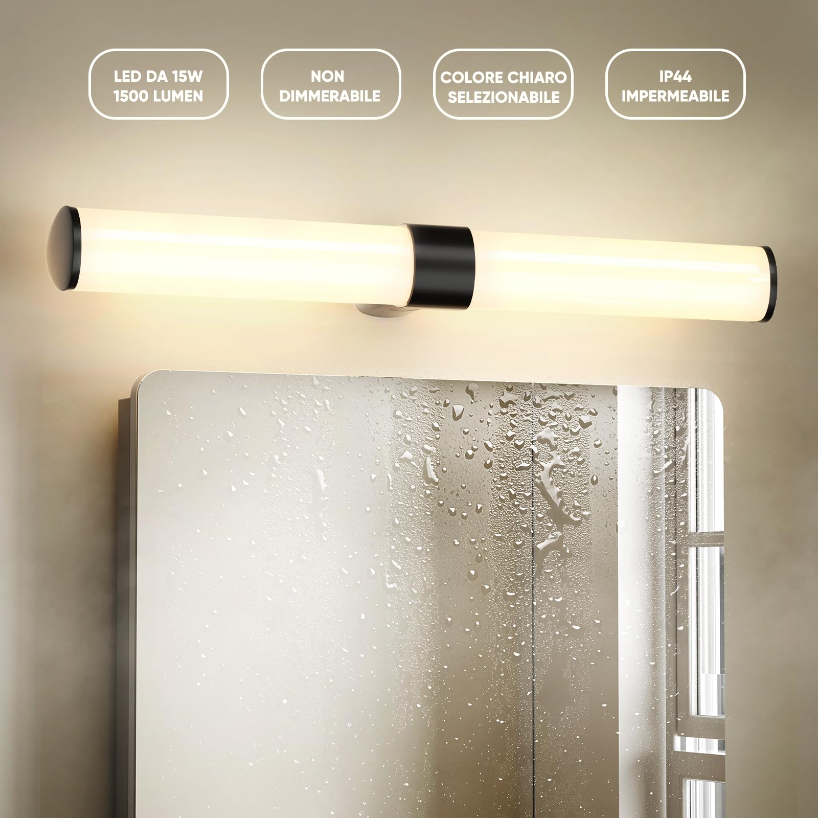 15W Luce Applique da Parete LED per Specchio Bagno, 60CM Lampada da Nero Opaco Moderna, Alta Luminosità 1500Lm Non Dimmerabile, IP44 Impermeabile, 230V, 3 Colori di Illuminazione