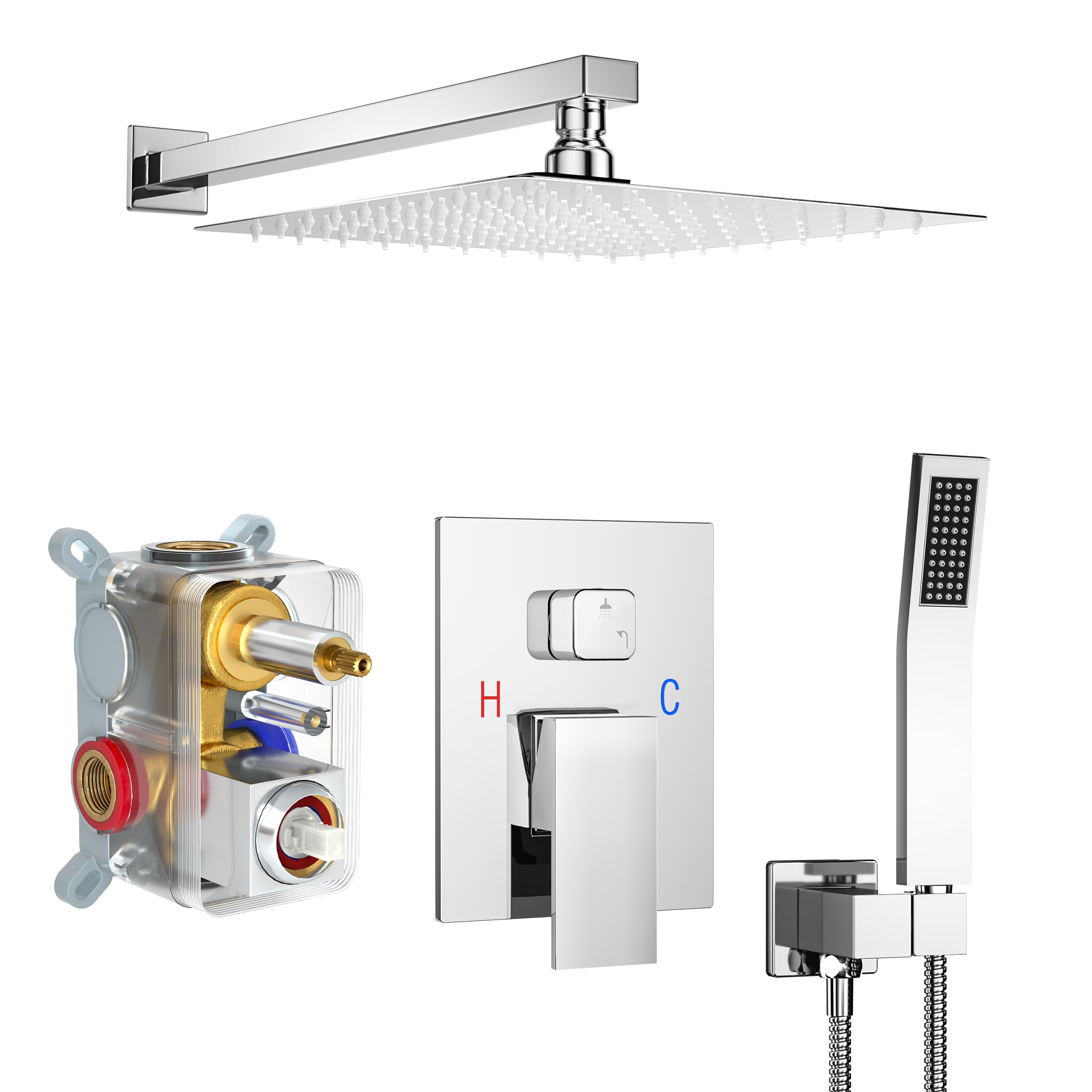 Fatspas 10 Inch Shower Set, Rainfall Shower with Square Head and High Pressure Handheld Shower, Wall Mounted Fixtures, Polished Chrome
