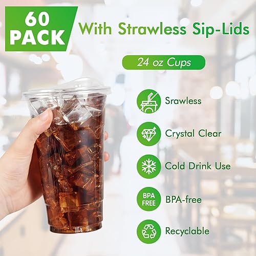 Miniatura 6 de Lilymicky Paquete de 60 Vasos de Plástico Transparente de 24 oz con Tapas para Sorber Sin Pajita, Desechables, para Café Helado, Batido, Granizado o