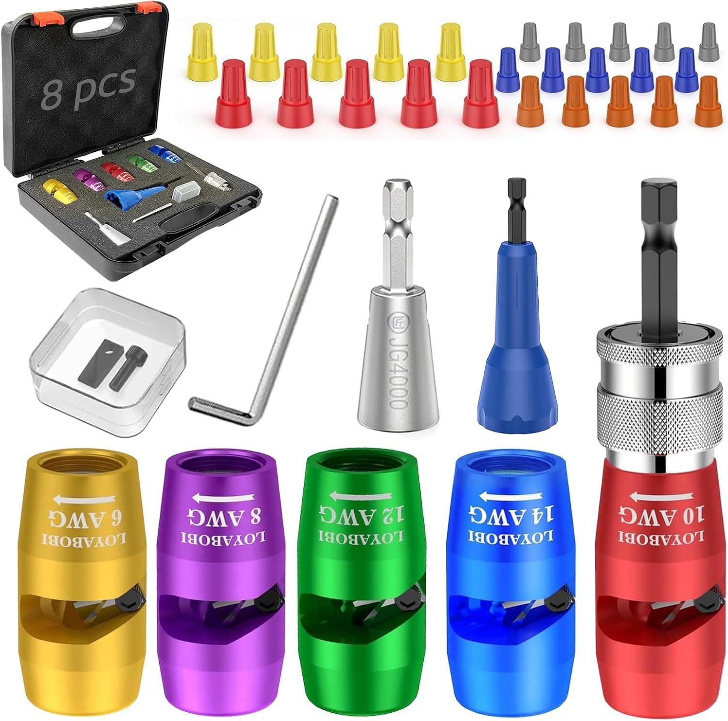 US Regulations Wire Stripping for Drill, Wire Stripping Tool & Twisting Tool for AWG 14-12-10-8-6 Gauge, 8 in 1 Quickly Drill Wire Stripping Tools Set, 25 PCS Wire Connectors Nuts