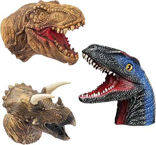 Yolococa Juego de títeres de mano de dinosaurio realista de látex suave con cabeza de animal, juguetes de marionetas de mano, regalo para niños,