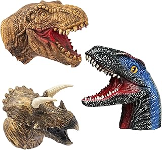 Dinosaur Hand Puppets Realistic Latex Soft Animal Head Toys Set, Hand Puppet Toys Gift for Kids, Party Show Imaginative Play (Tyrannosaurus & Triceratops & Velociraptors)