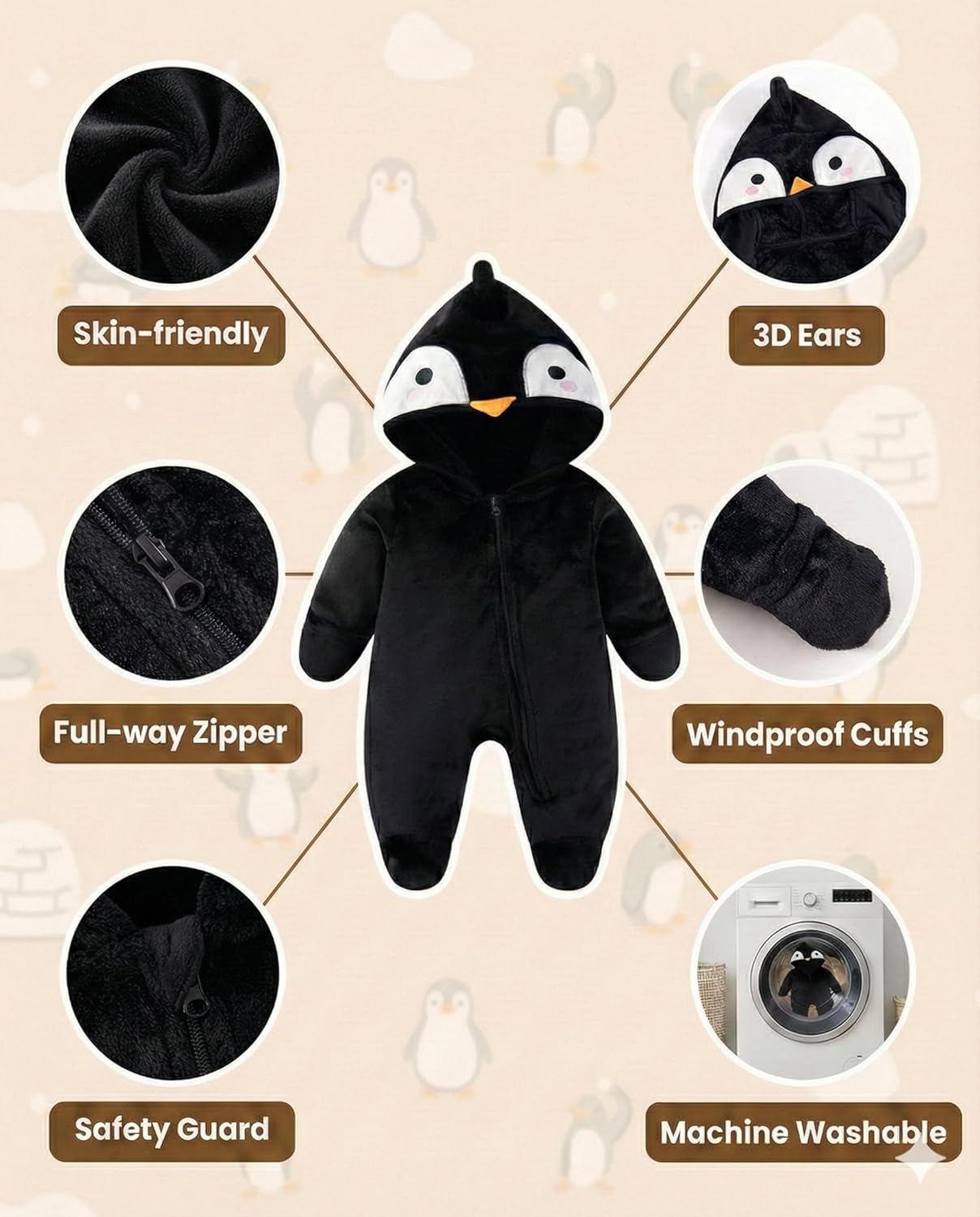 JiAmy Baby Fleece Snowsuit Cute Bear Romper Newborn Winter Jumpsuit Hooded Warm Coat with Fold-over Mittens Footies - Image 3