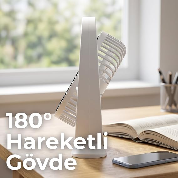 Asonic Masa Üstü USB Type-C Fan - 6 inç Sessiz Mini Vantilatör, 180 Derece Ayarlanabilir Açı, Kompakt Taşınabilir Kişisel Masa Fanı (Beyaz/Gri)