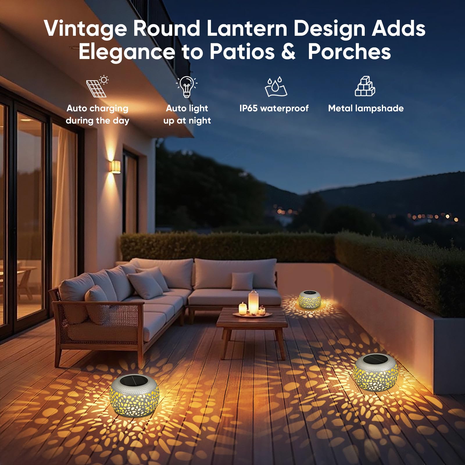Decorazione da giardino e terrazza: confezione da 4 lanterne solari bianche impermeabili per esterni, luci solari per tavolo, balcone, terrazza, sentiero, portico, cortile, decorazione, lanterna a LED