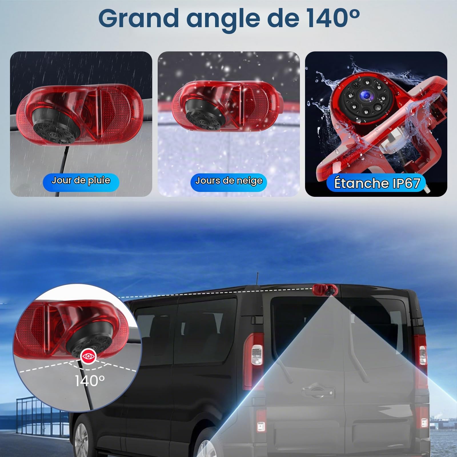 Hodozzy Caméra de Recul pour Feu Stop à Montage Elevé pour Renault Trafic/Opel Combo/Opel Vivaro 2001-2014 AHD/CVBS Mode Double avec et Vision Nocturne, Angle Réglable Caméra de Recul Etanche