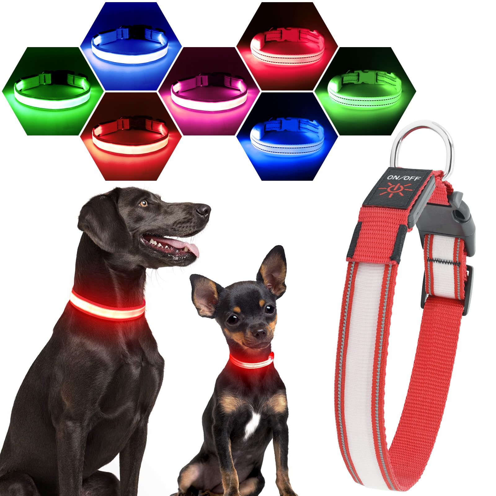 Visinite Light Up Dog Collar, Reflective LED Dog Collar, Adjustable Lighted Dog Collars Rechargeable Waterproof, Bright Dog Glow Collar for Pet Safety