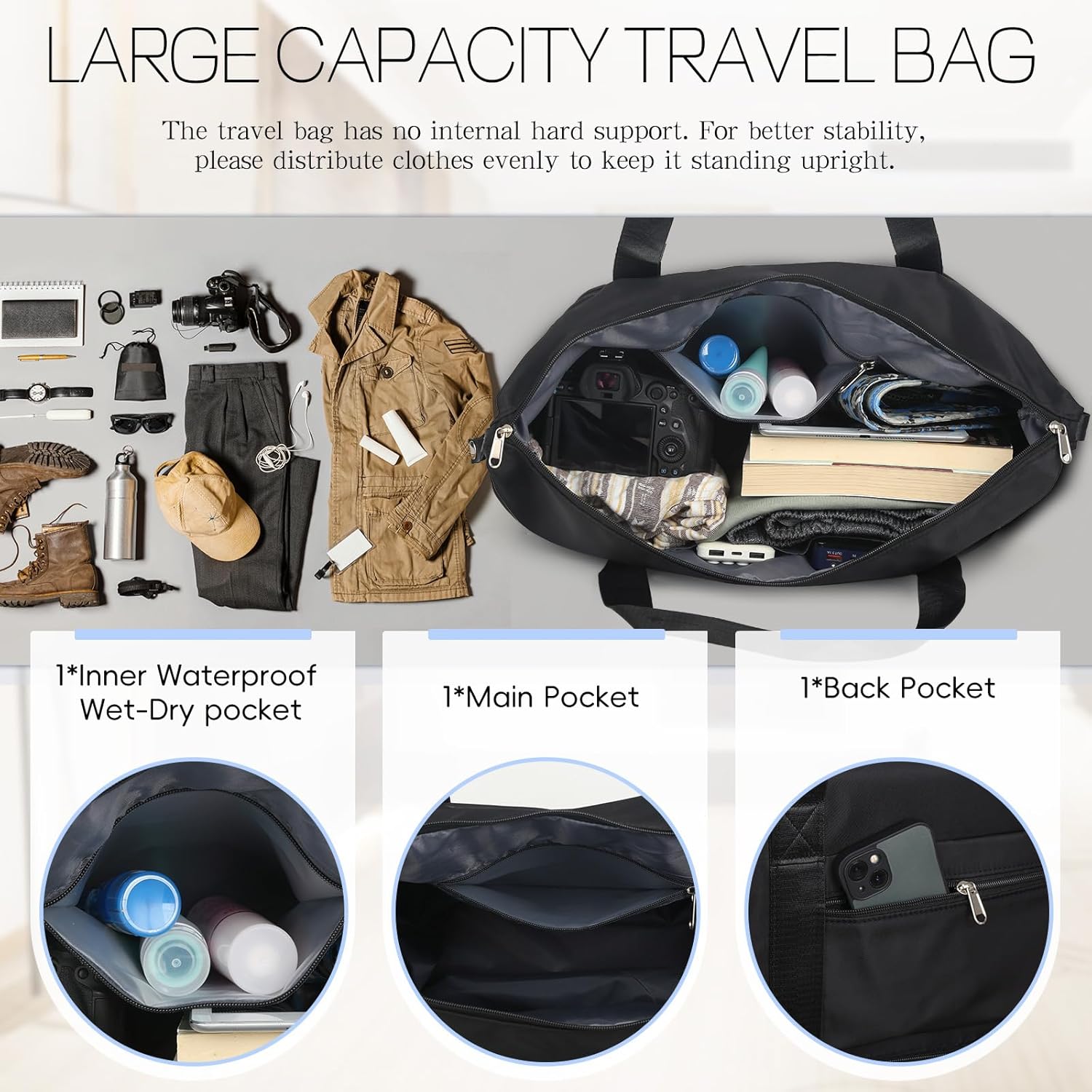 VOOWO Duffel Bag with Wheels - Rolling Foldable Expandable Duffle Bag with Wheels for Travel, Rolling Luggage Bag Carry On Travel Bag with Wheels, Large Wheeled Overnight Weekender Bag (Black) - Image 3