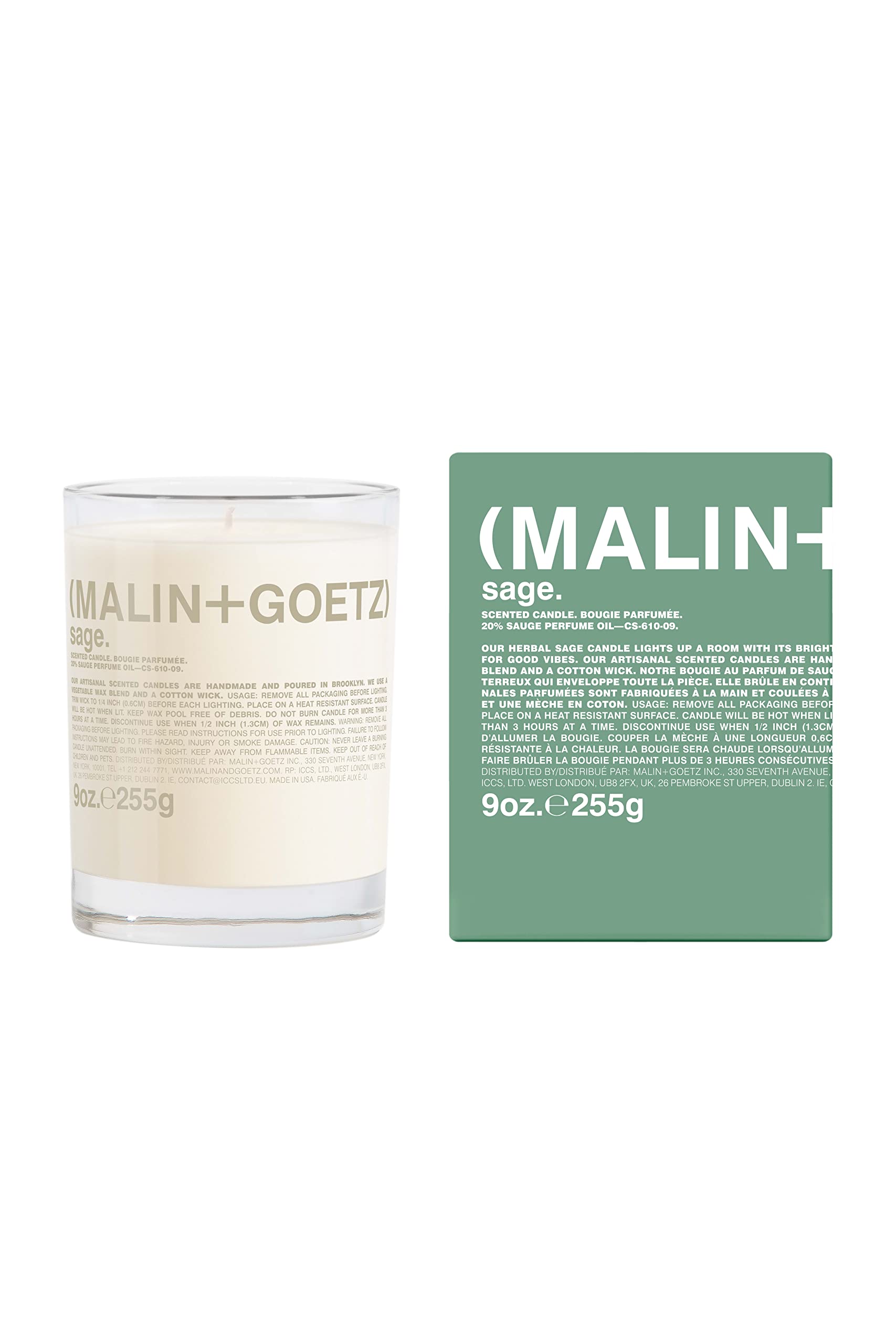 Malin + Goetz Sage Candle, 9 oz. – Sage Scent Fragrance, Scented Candle, Natural Vegetable Wax Blend, Vegan & Cruelty Free, Single Wick Candle, Lasts 60 Hours