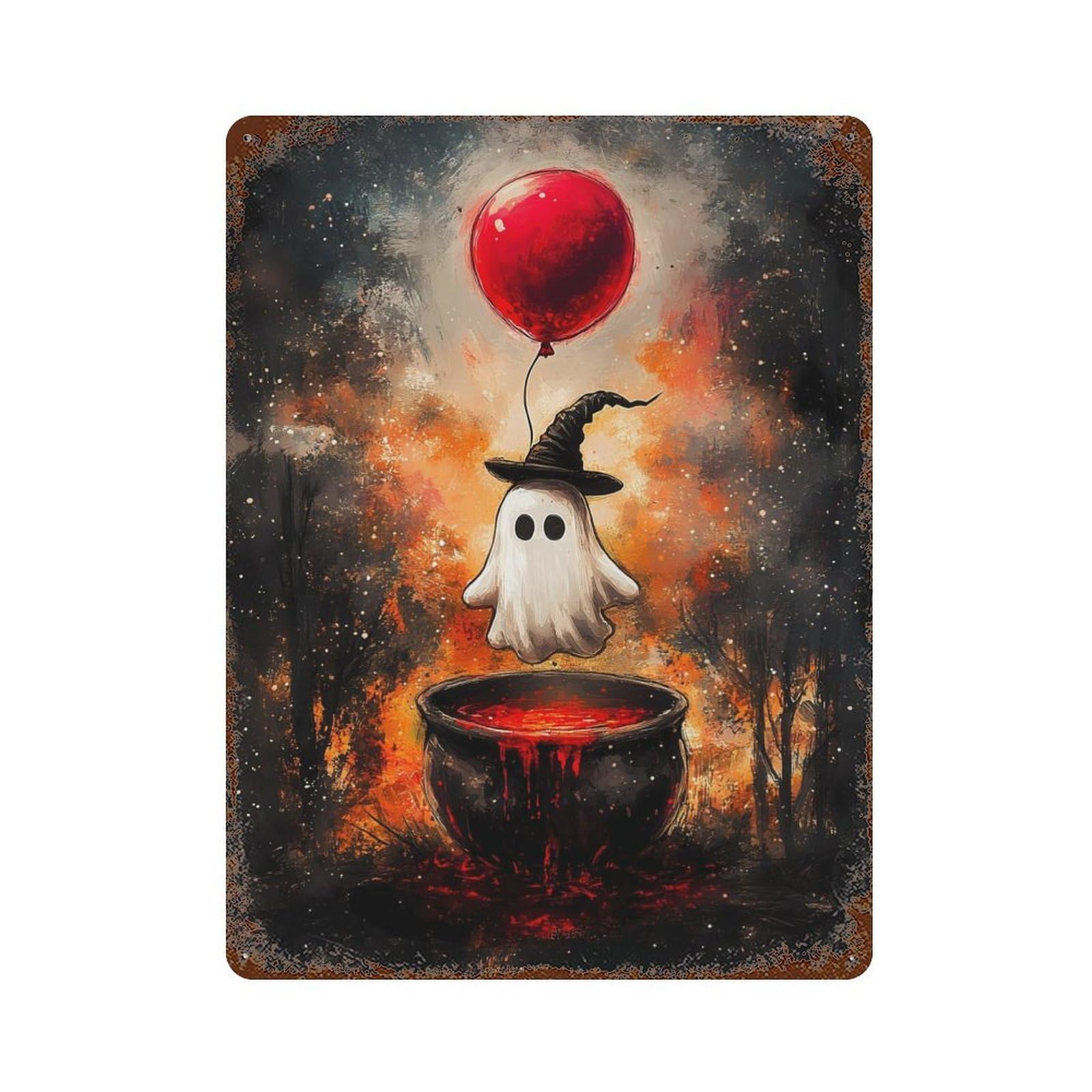 Ghost with Balloon And Cauldron 15.7"x11.8" Aged Metal Wall Plaque, Retro Wall Decor for Farmhouse, Kitchen And Entryway Decor