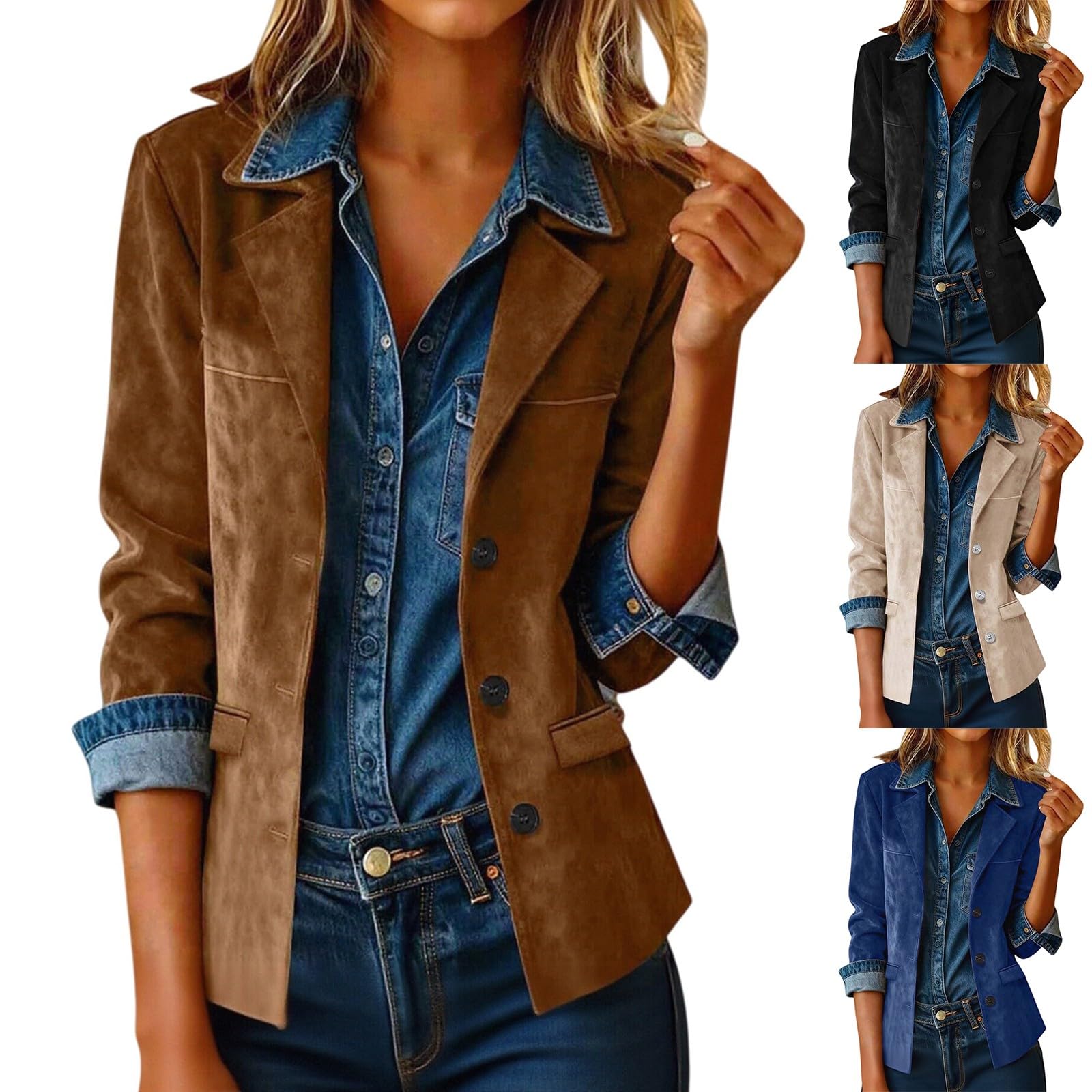 Womens Faux Suede Blazer Jacket Notched Lapel Single Breasted Faux Suede Leather Suit Jacket Retro Casual Outerwear