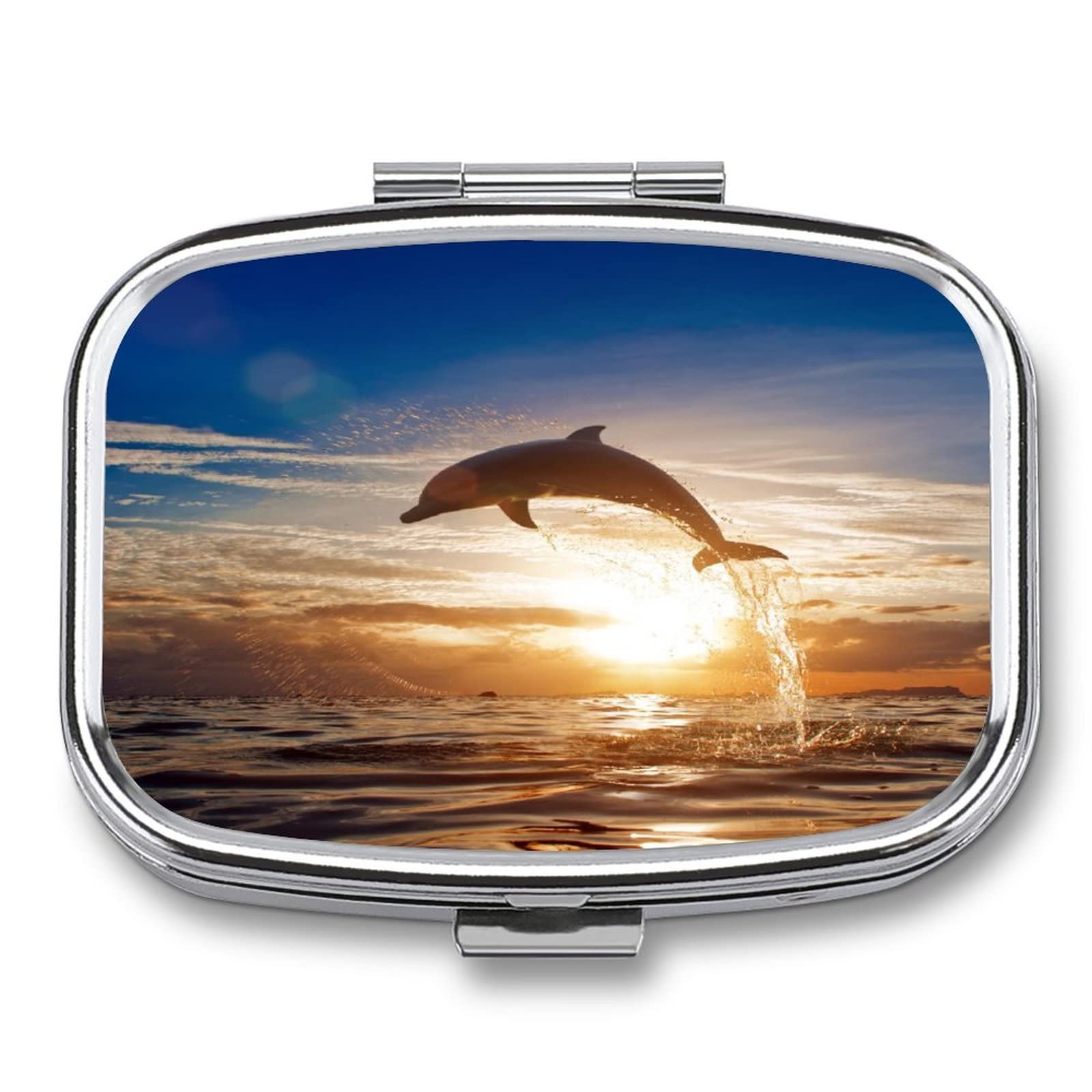 Pilulier En Métal À 2 Compartiments Dauphin Coucher De Soleil Pour Médicaments, Vitamines, Voyages En Plein Air (Divers Motifs)