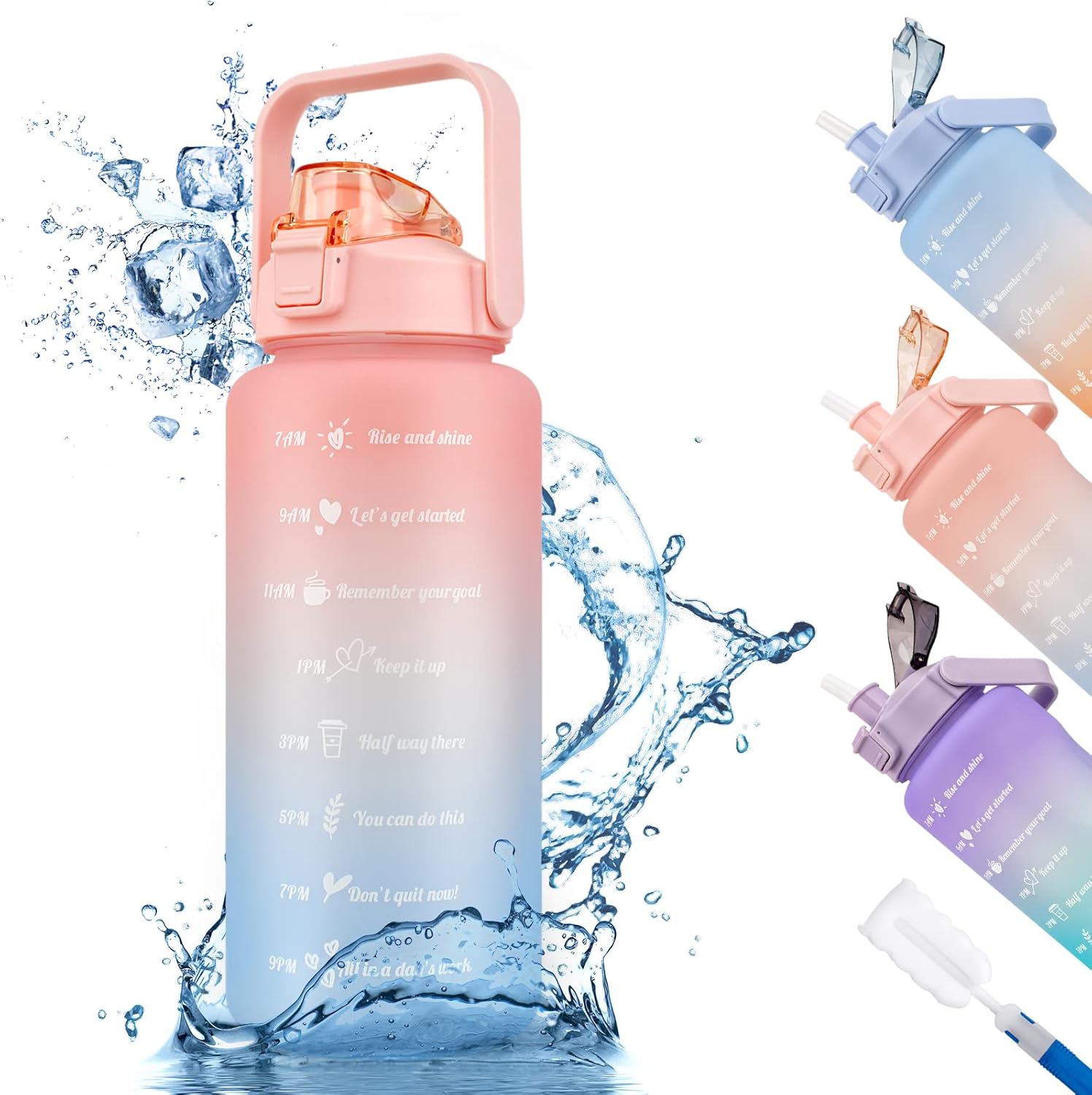 Justfwater 2 Litros Motivacional Botella de Agua Deportiva con Pajita & Marcador de Tiempo, Plástico Tritan sin BPA,Botella Agua deporte,para Adecuado para todos los Deportes, Gimnasio (Azul-naran