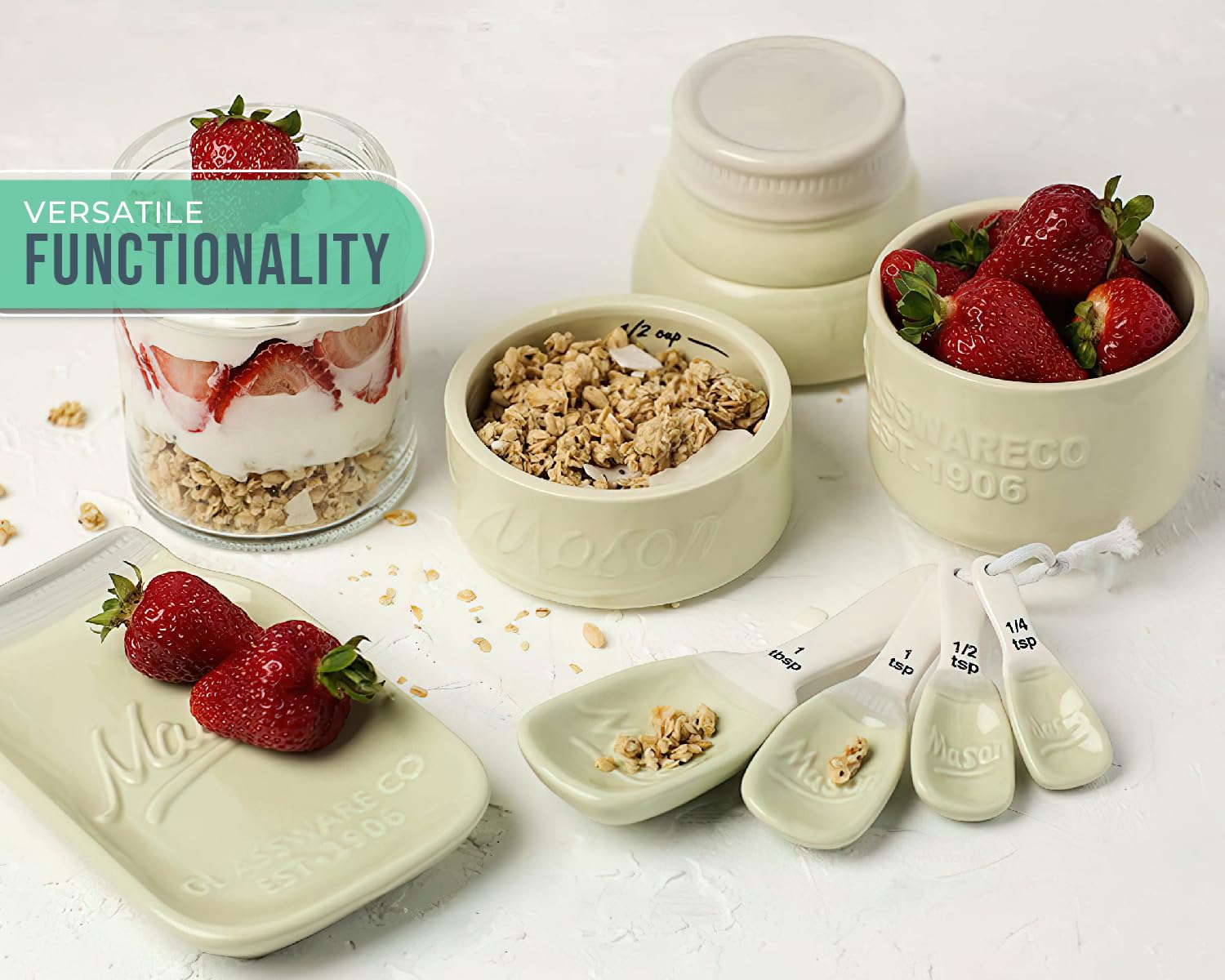 Comfify Zestaw przyborów kuchennych w stylu vintage, wieloczęściowy zestaw do kuchni ceramicznej z 4 miarkami, 4 łyżkami pomiarowymi i podpórką pod łyżkę - atrakcyjny styl vintage, wytłaczana ceramika Acqua Blue