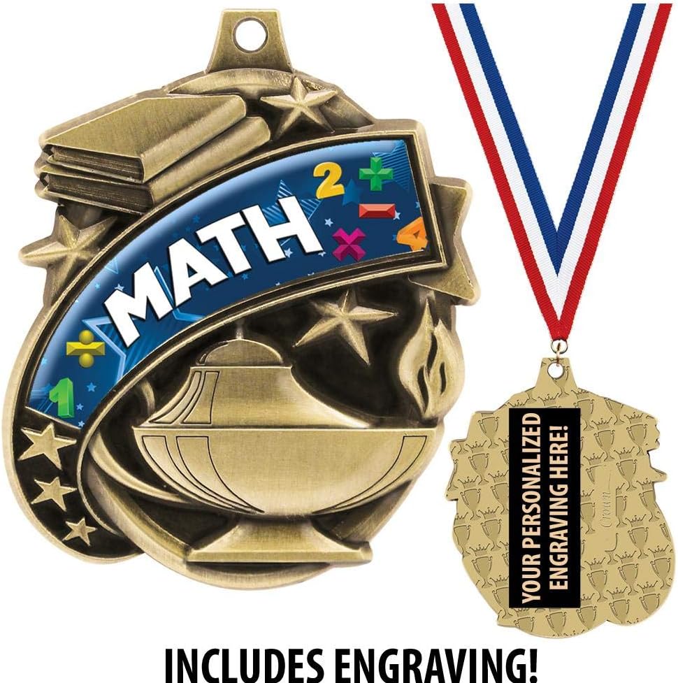 Math Medals - 1 1/2" Gold Mathematics Medal, Great Academic Awards with Custom Engraving Prime