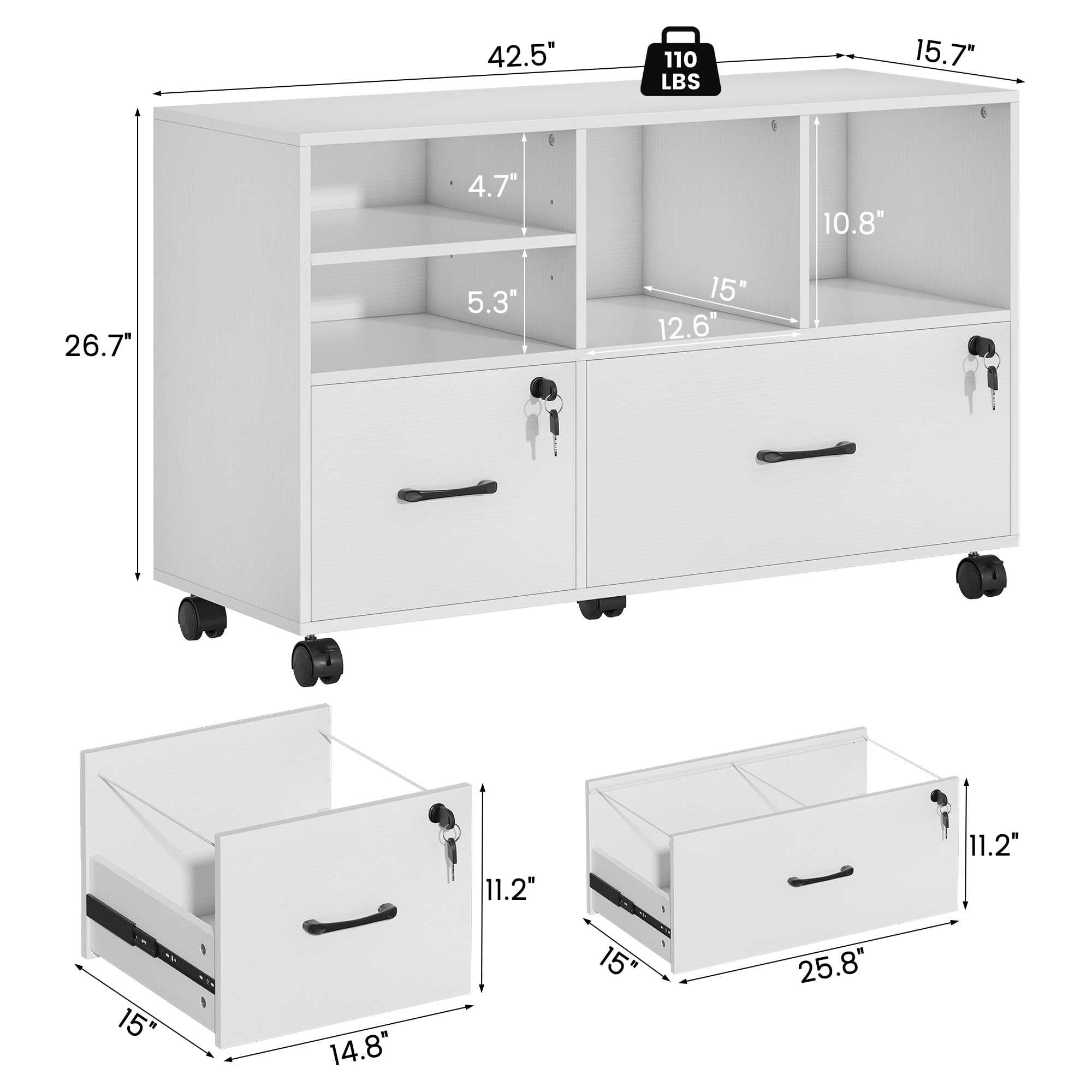 Nosepen 2 Drawer Wood Mobile Large Lateral File Cabinet with Lock, Lockable Rolling Filing Cabinet with Storage Shelves, Printer Stand Office Storage for Home Office Fits Files Legal/A4,White