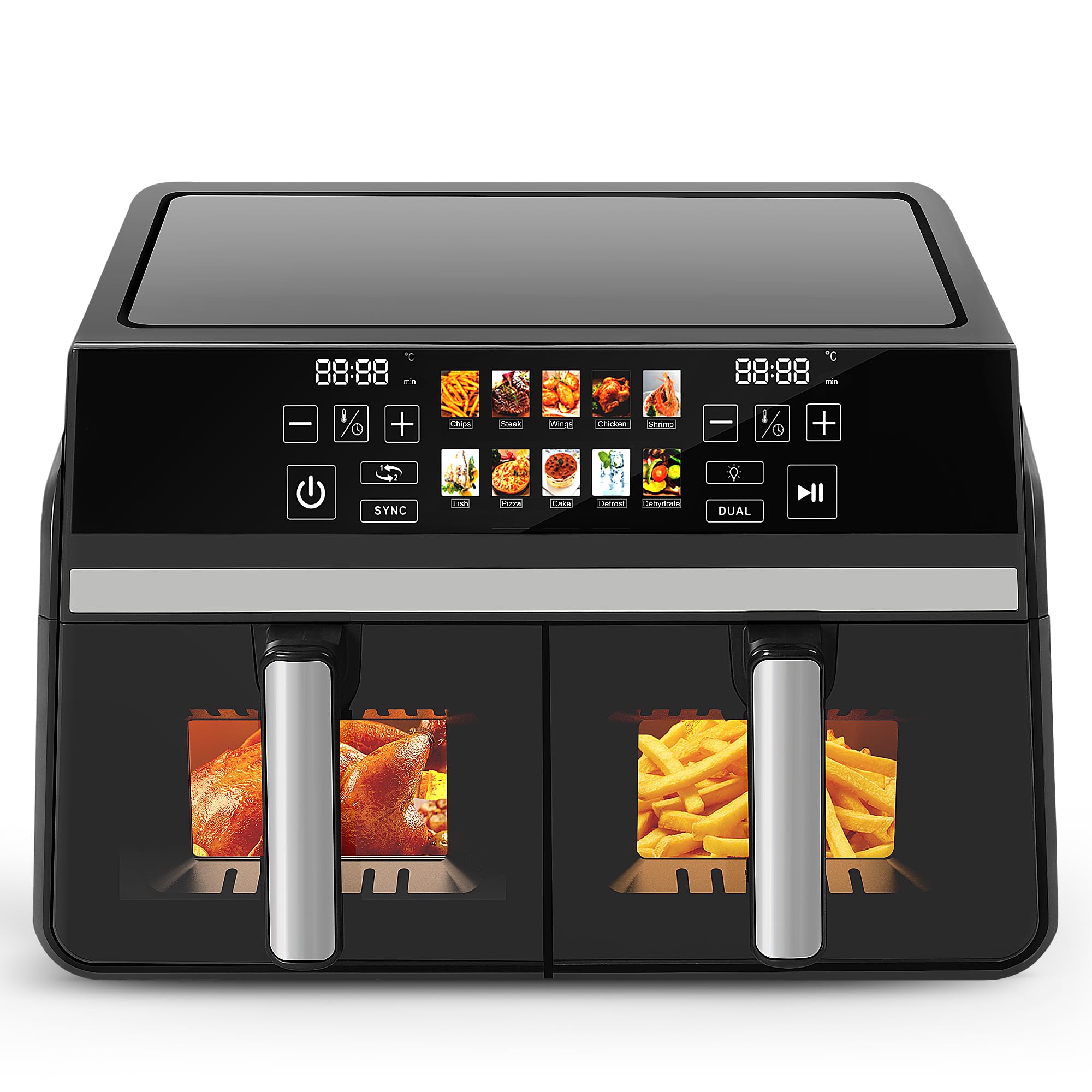 Citybee Heißluftfritteuse 2 Kammern XXL 10L (5L+5L) mit Sichtfenster, Dual Zone Airfryer Doppelkammer, 2 Garzonen, SYNC & DUAL, 2200W Touchscreen, Timer bis 24h, spülmaschinengeeignet