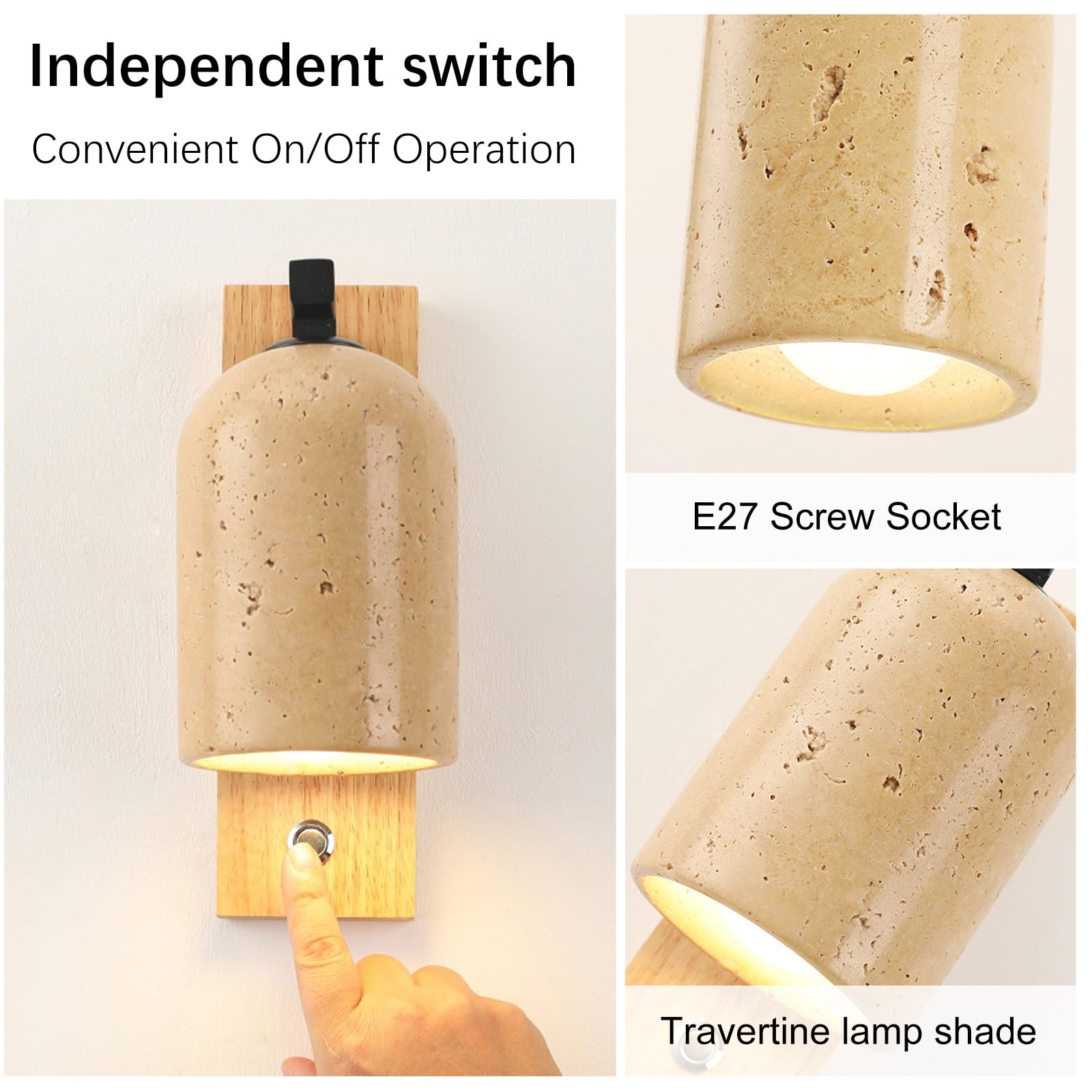Żółty kinkiet z trawertynu, nowoczesna lampa ścienna w stylu rustykalnym, kinkiet z naturalnego kamienia z drewnianą podstawą i włącznikiem/wyłącznikiem(Wood color)