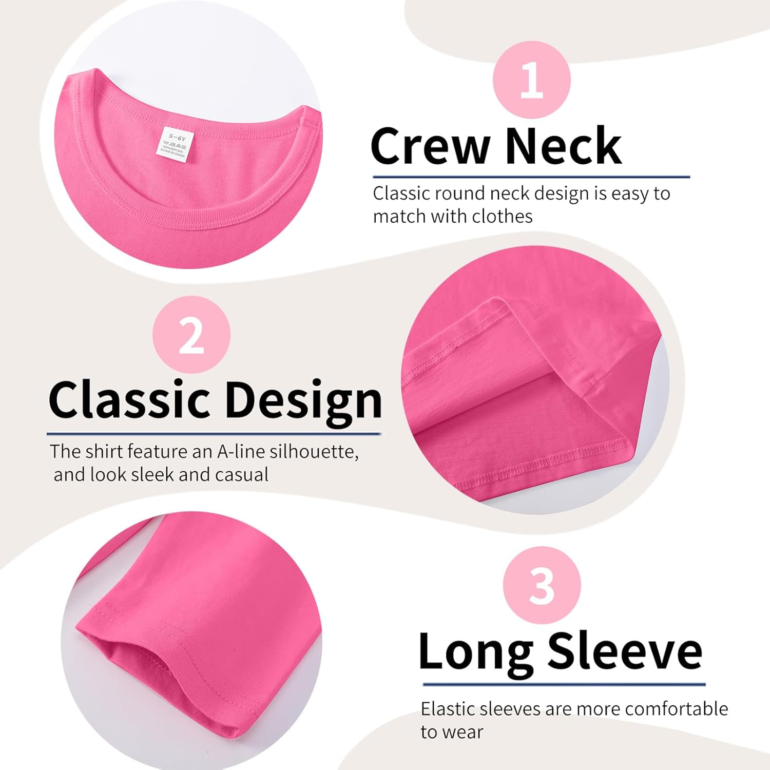 4 Pack Girls Long Sleeve Shirts Kids Cotton Basic Tees Crewneck Fall Tops for Toddler Girls(2T-14Years) - Image 3