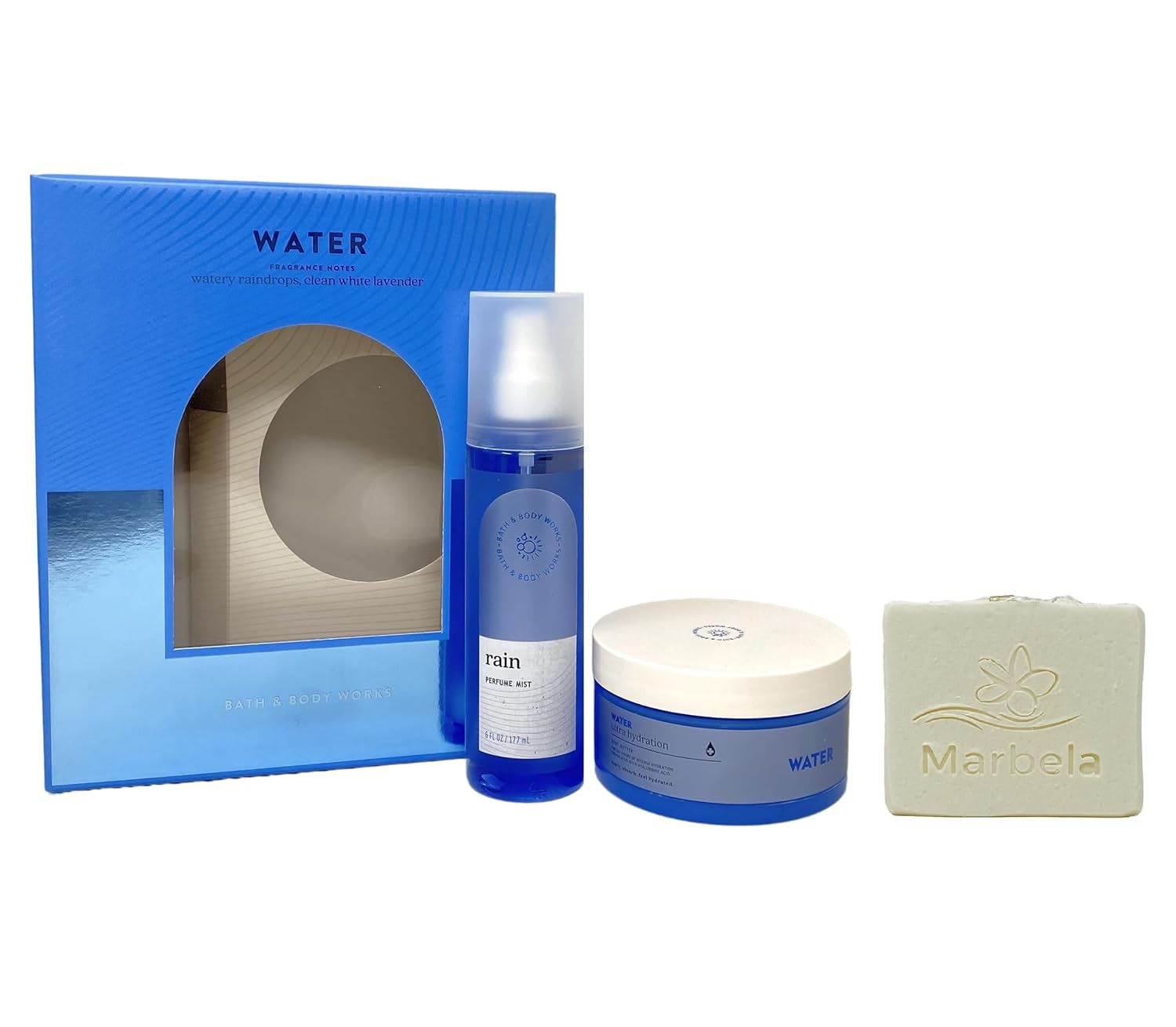 Bath & Body Works Hydrating Gift Box Set Water - Perfume Mist and Body Butter - with a Natural Oats Bar Soap - Full Size