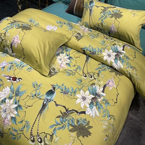 Mkxi Generous Print Duvet Cover Blossoming Branches With Cute Birds Pattern Yellow Comforter Case Zipper Closure Solid Teal Reversible Vintage Jungle Quilt Cover Queen #TOP1