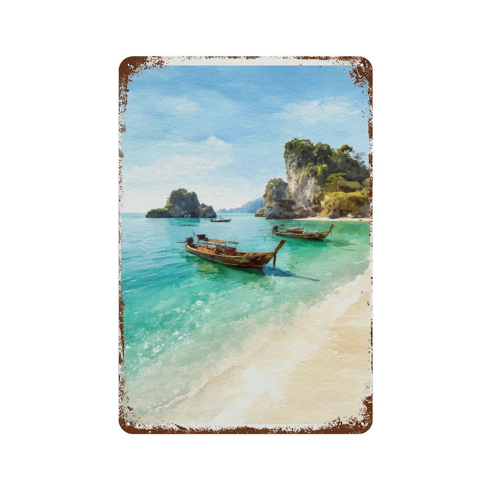 xiaoxiaoshen Koh Lanta Thailand Watercolor Travel Tropical Beach Longtail Boats Wall Decor Art Metal Tin Poster Modern Home Decor Art Home Bar Shop Decorations Vintage Sign 30x20cm