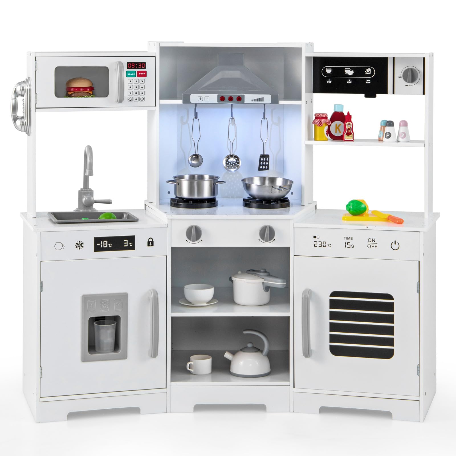COSTWAY Kids Corner Play Kitchen, Wooden Pretend Toy Kitchen with Realistic Lights & Sounds, Range Hood, Ice Maker, Sink, Faucet, Utensils, Children's Chef Role Play Set for Boys Girls (White)
