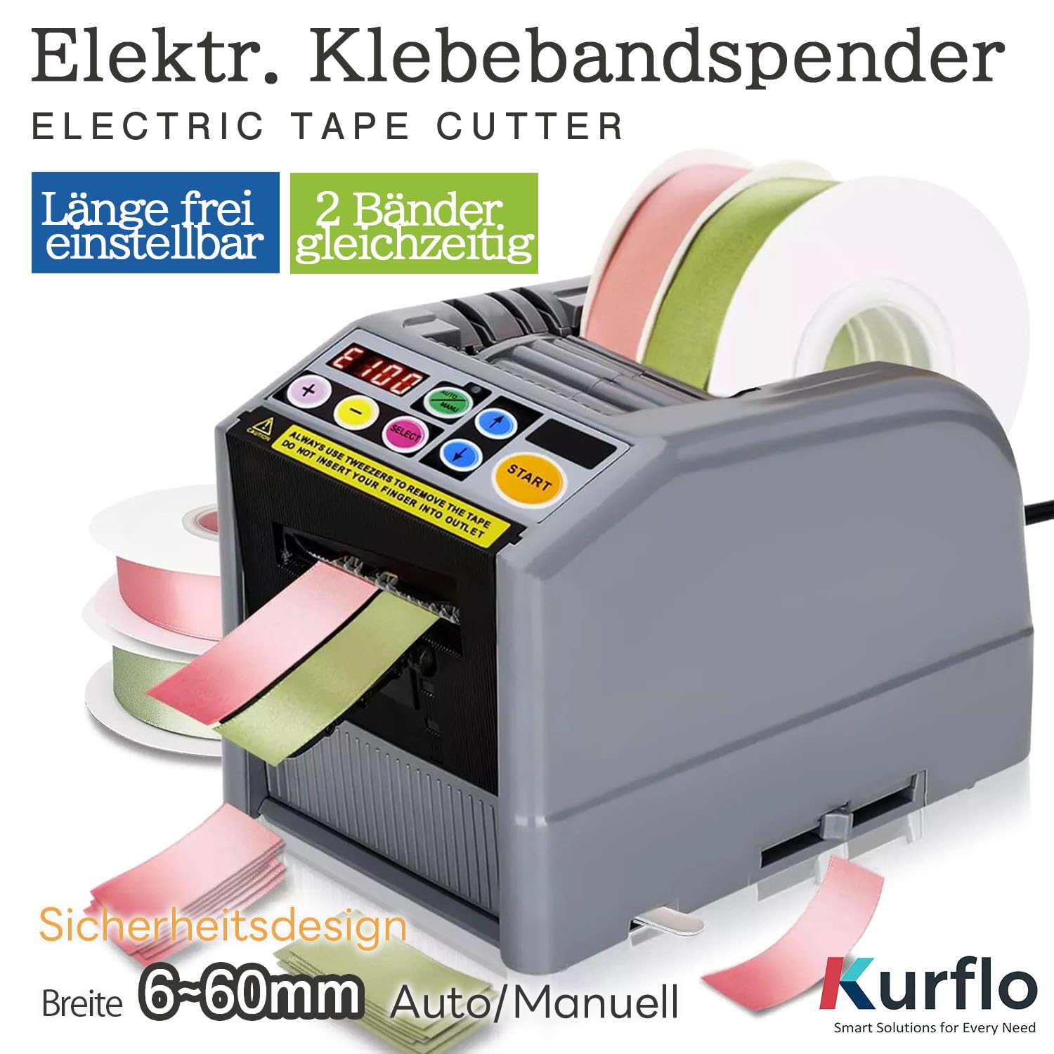 Kurflo Automatischer Klebebandspender, Elektrischer Klebebandabroller für Bandbreite 6-60mm, Länge 999mm, Bandspender, Elektrischer Bandschneider, Bandschneidemaschine für Büro, Schule und Laden