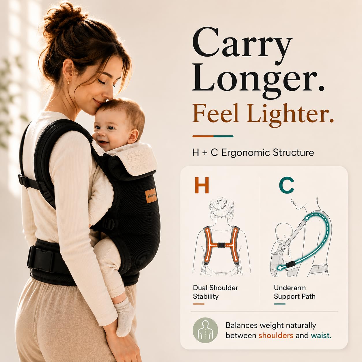 ALLOPERA Baby Carrier for 7-45 lbs, Lightweight 3D Mesh Carrier with Dual Layer Stability, Ergonomic Hip Support and Lumbar Support, Easy to Wear, Black