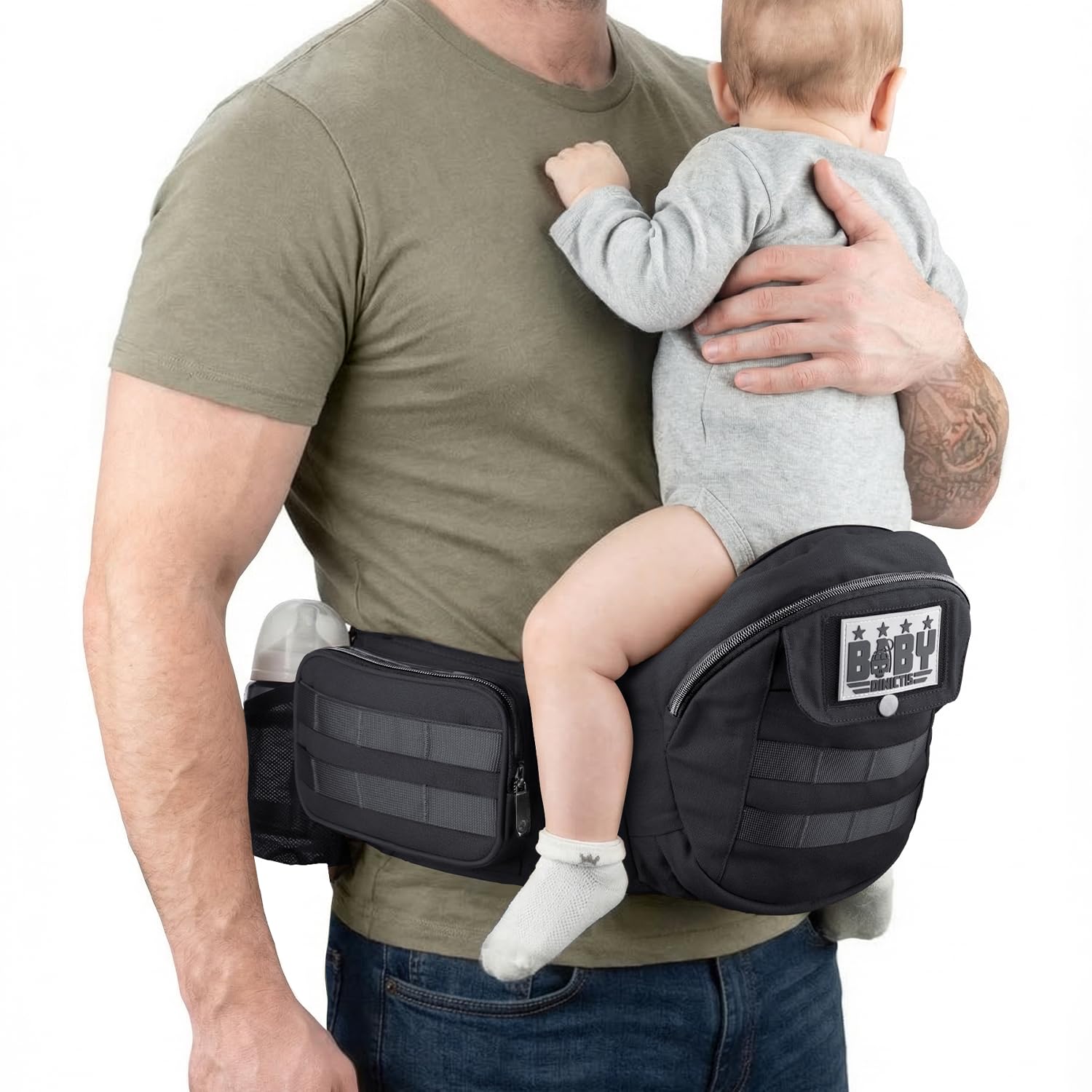 Dinictis Baby Hip Carrier, Ergonomic Waist Carrier with Hip Seat for Newborn to Toddler (Up to 45 lbs), Adjustable Wide Waistband, Molle Webbing & Multiple Pockets, Black