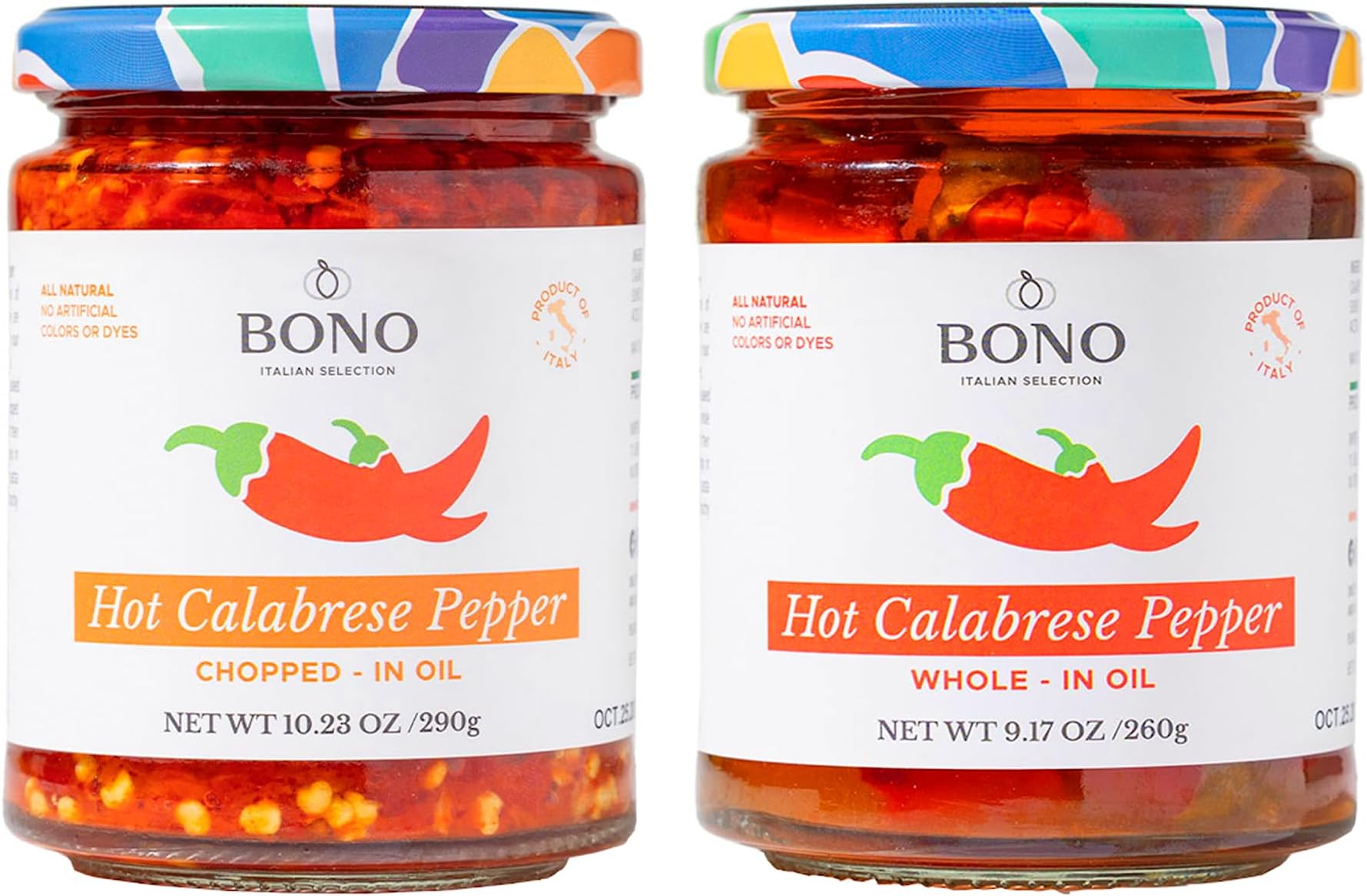 Bono Hot Calabrese Chili Pepper in Oil | Product of Italy | All Natural | No Artificial Colors or Dyes | Non-GMO Verified, (Pack of 2) (2 Pack, Variety)