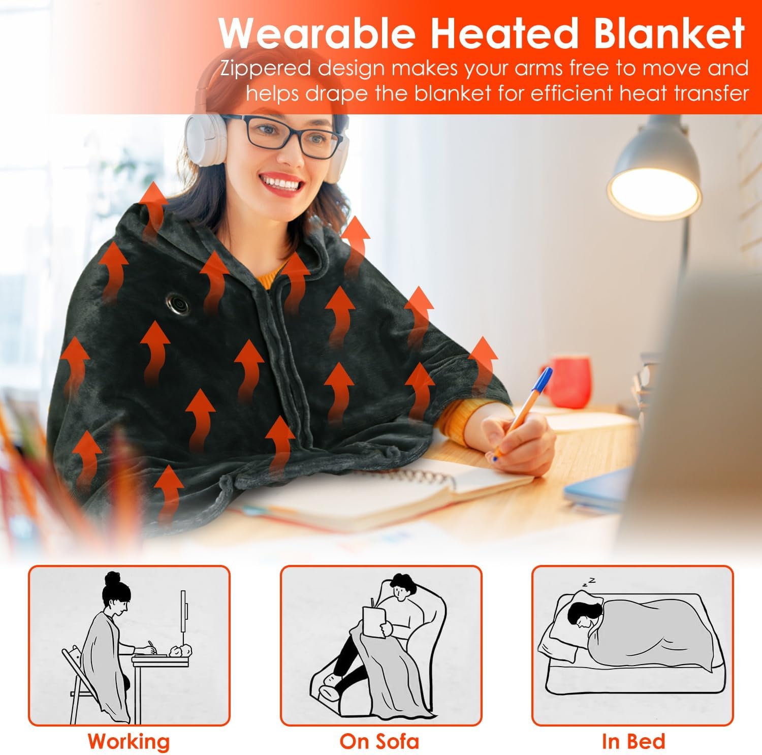 Heated Blanket Throw Blanket, 5V Outdoor Portable Electric Blanket Pad with USB Plug In, 3 Heating Levels, Soft Warm Flannel Heating Blanket with Zipper for Neck, Shoulder and Back (59"x31")